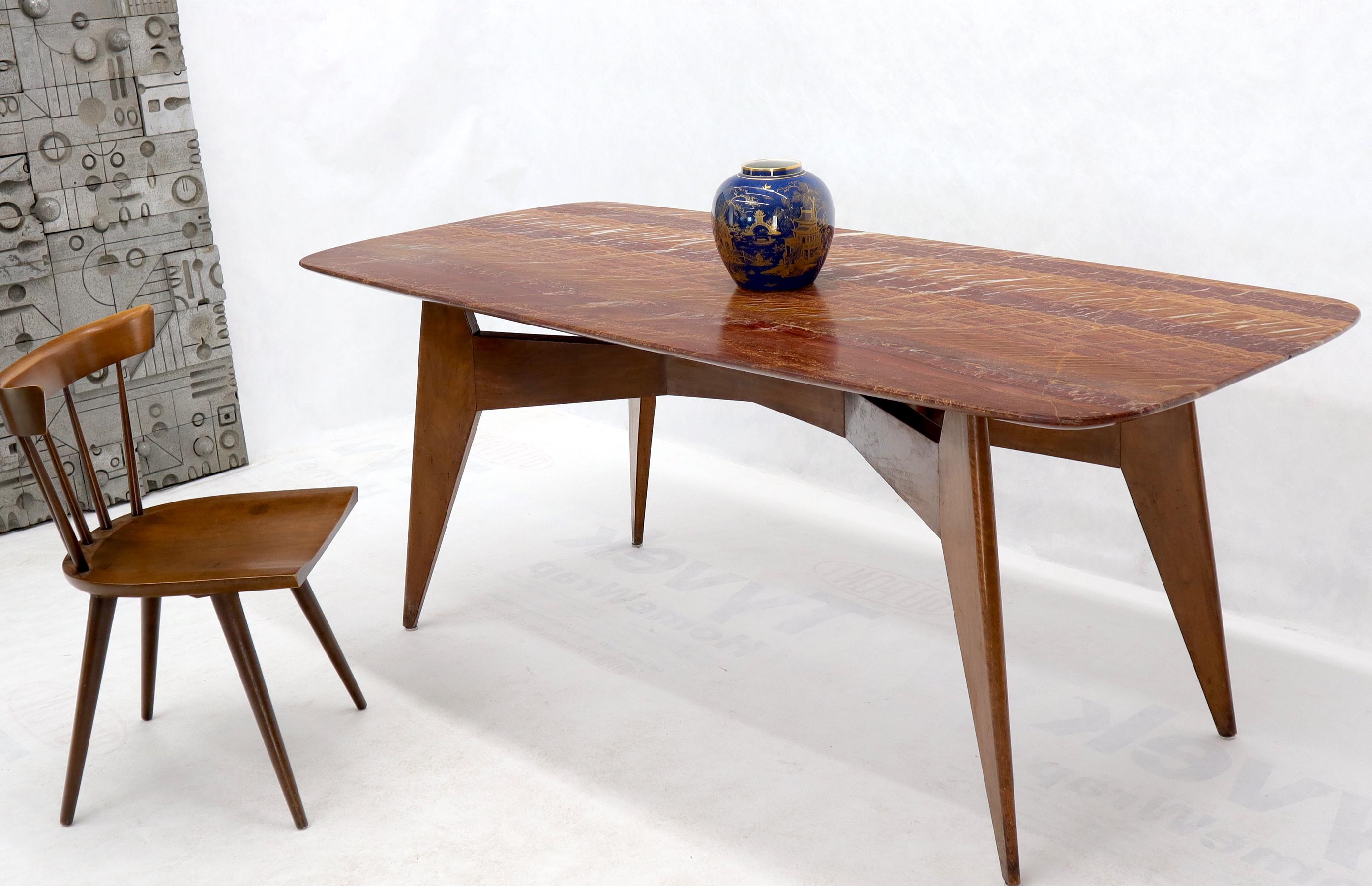 French Mid-Century Modern deco solid walnut compass shape legs base marble top dining or conference table. Attributed to or in style of Jean Prouve.