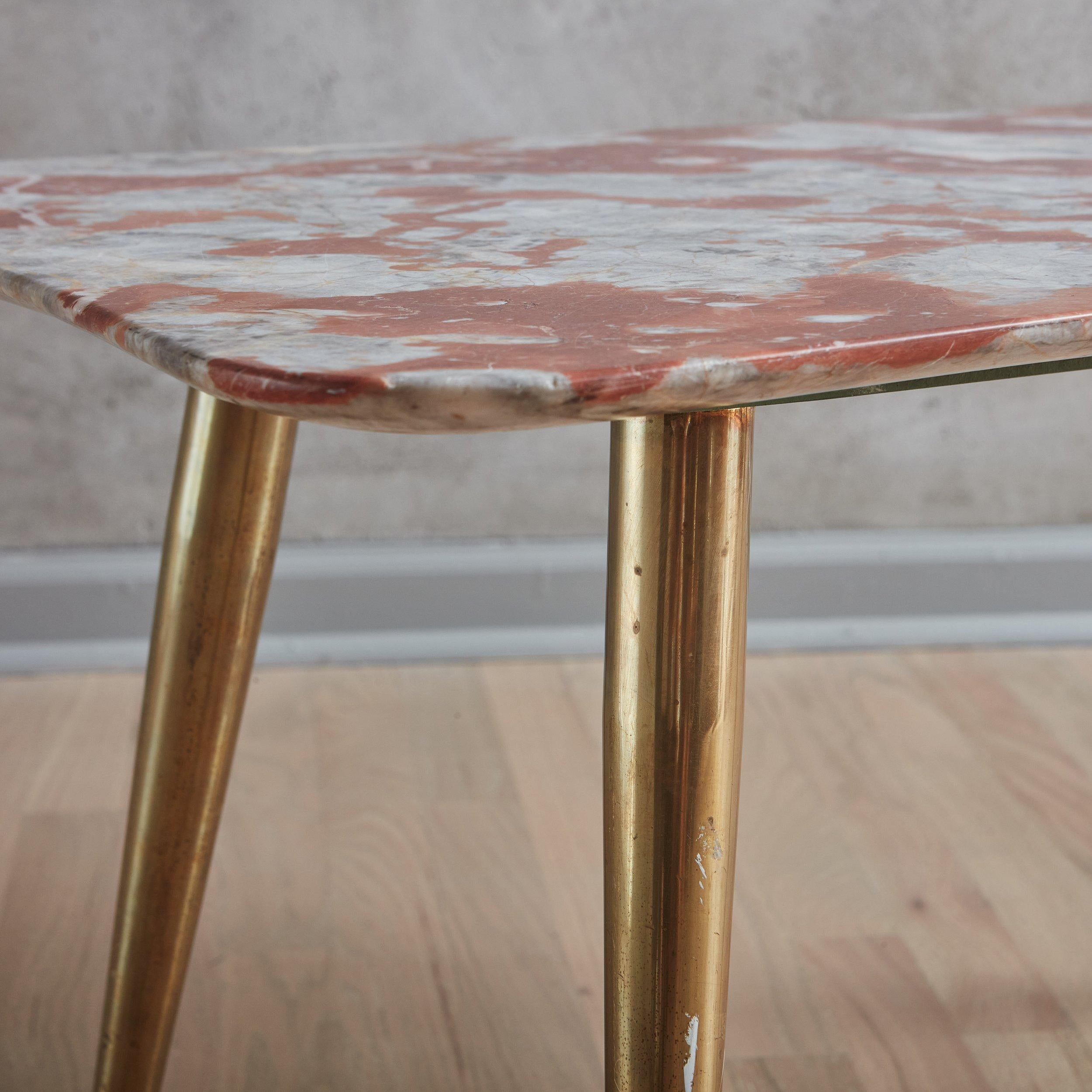 Rouge Languedoc Marble Coffee Table with Tapered Brass Legs, Italy 1950s For Sale 5