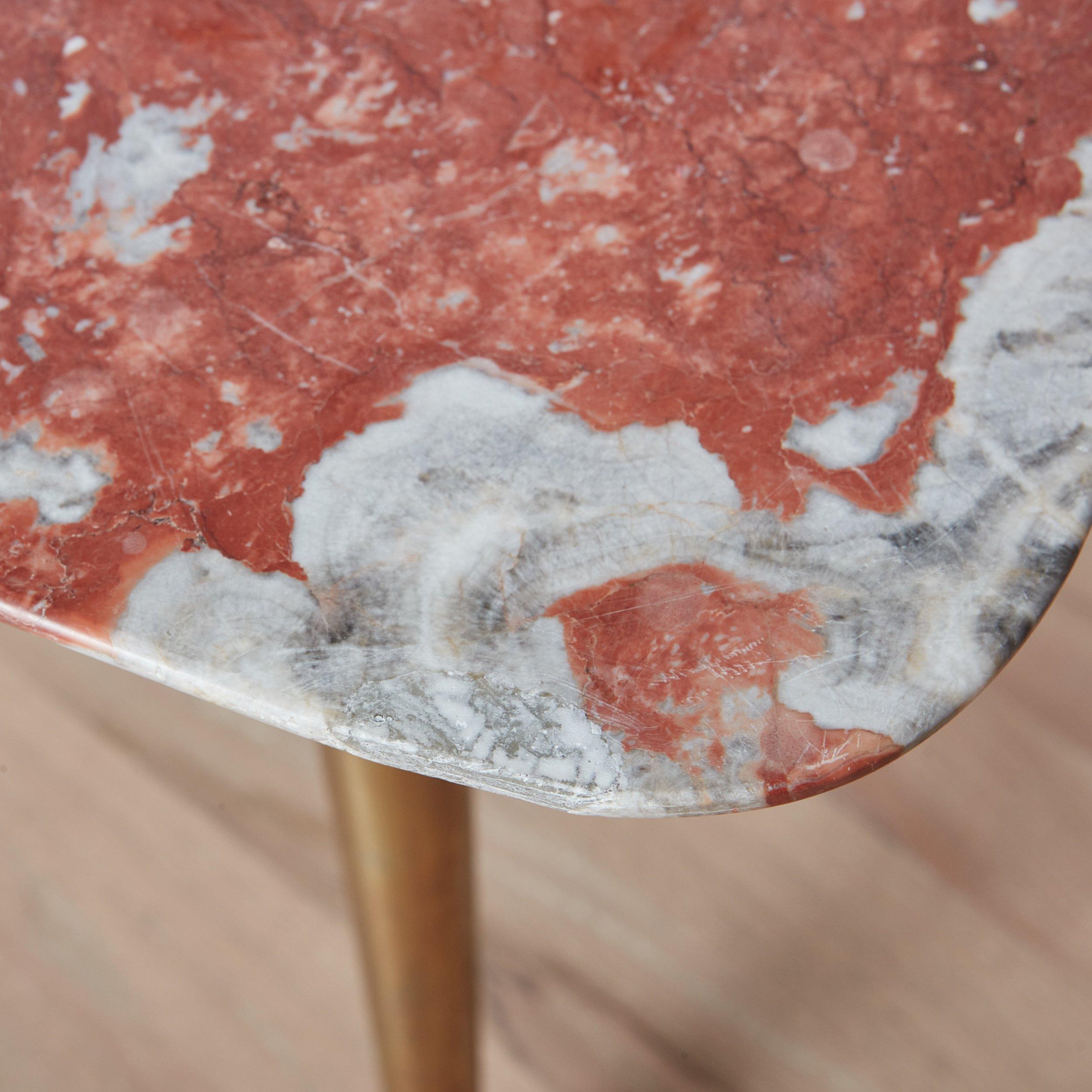 Modern Rouge Languedoc Marble Coffee Table with Tapered Brass Legs, Italy 1950s For Sale