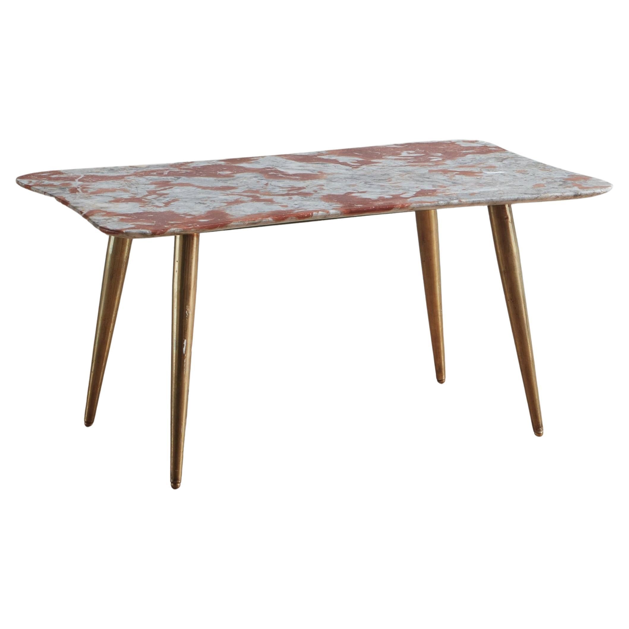 Rouge Languedoc Marble Coffee Table with Tapered Brass Legs, Italy 1950s For Sale