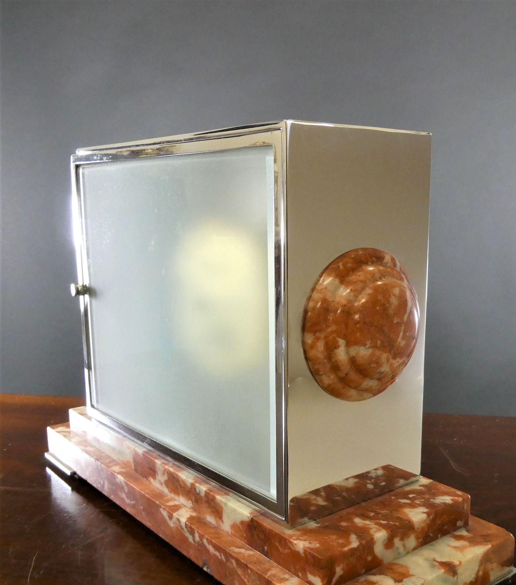 Early 20th Century Rouge Marble and Chrome Art Deco Mantel Clock, Goldsmiths & Silversmiths For Sale