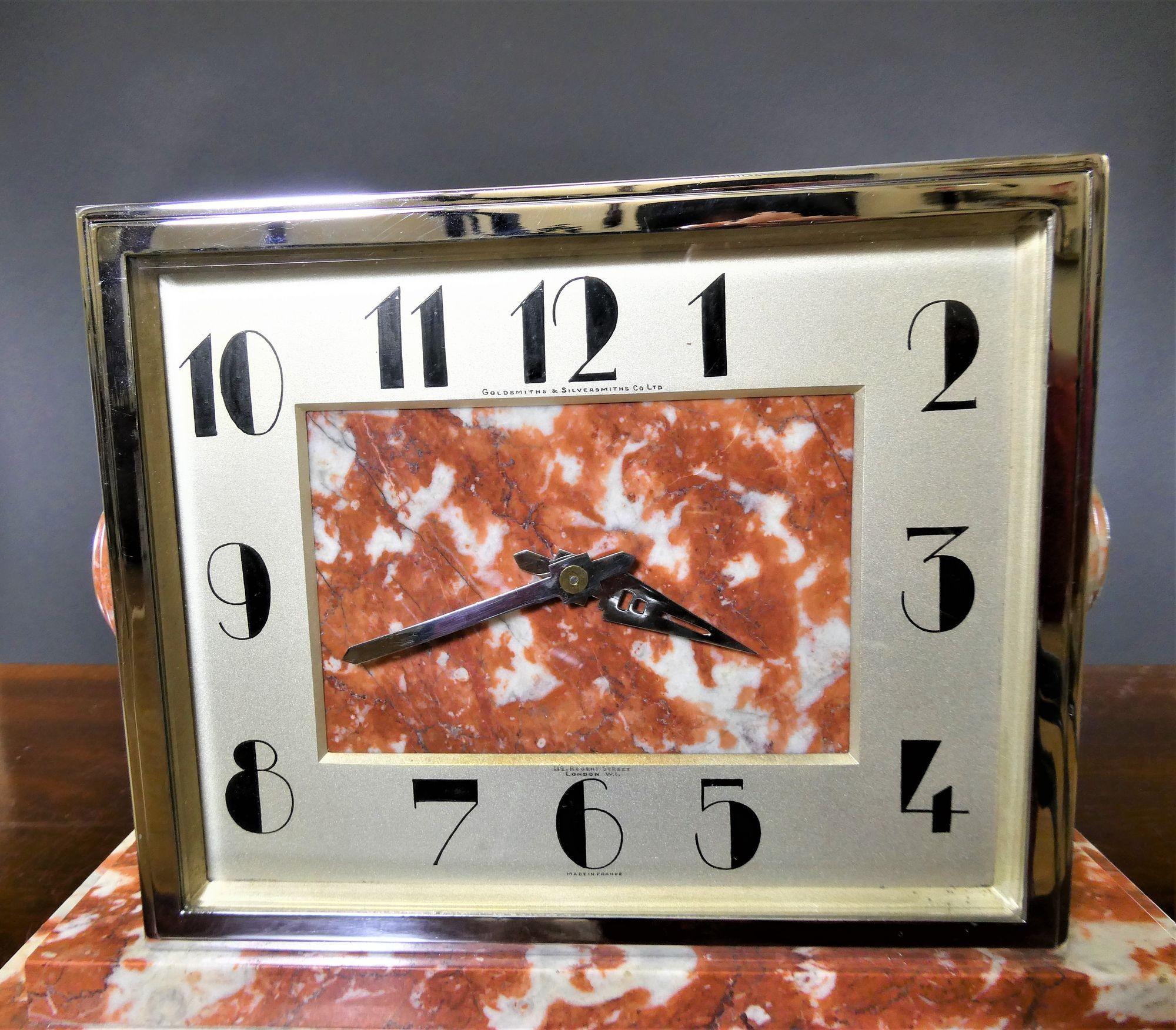 Rouge Marble and Chrome Art Deco Mantel Clock, Goldsmiths & Silversmiths For Sale 1