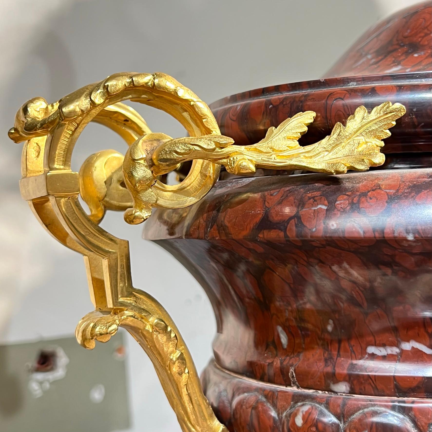 19th Century Rouge Marble Centerpiece Bowl and Cover with Gilt Bronze Mounts For Sale