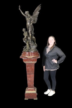 Rouge Marble Pedestal with Bronze E. Piccault Statue
