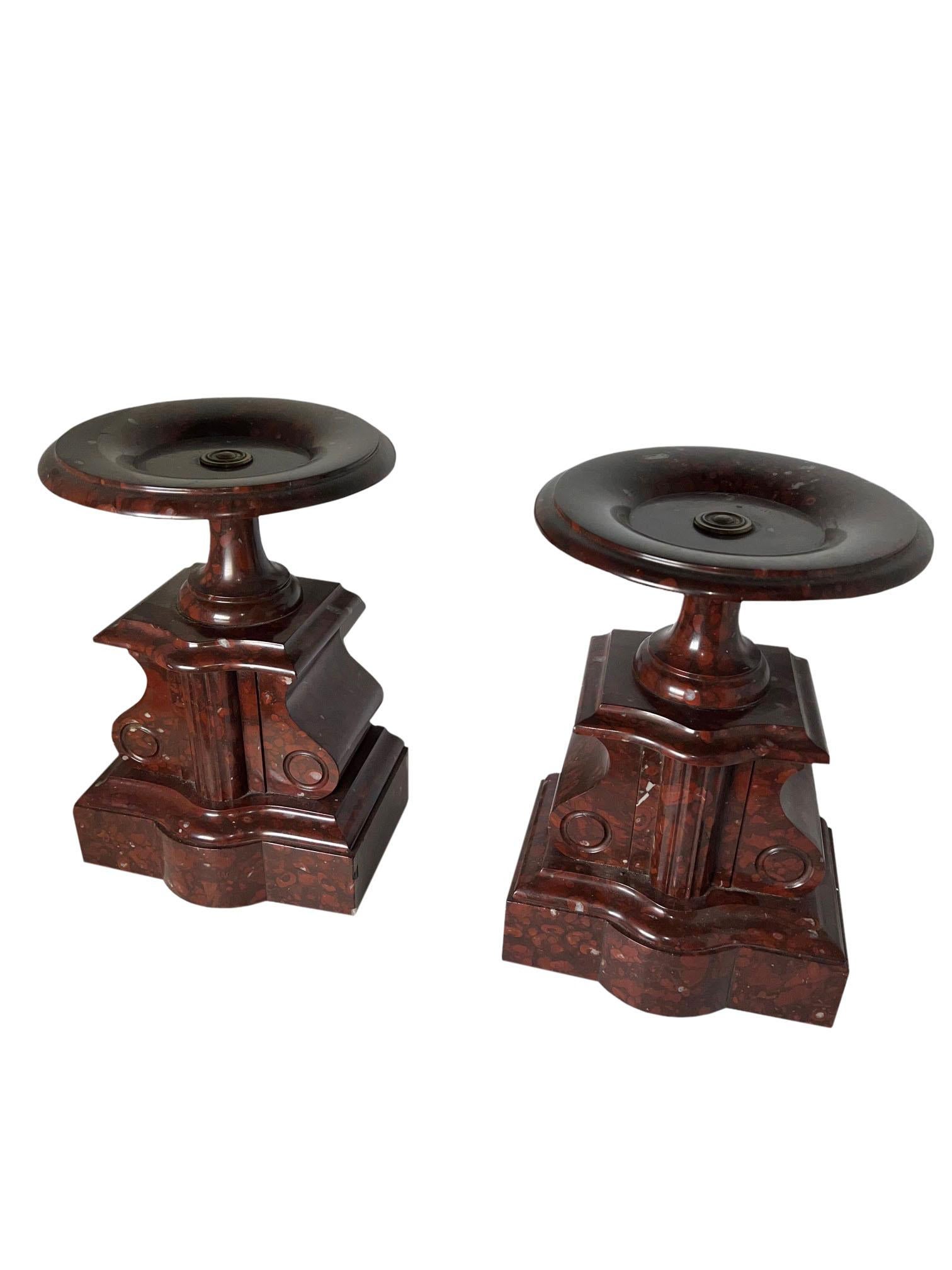 A fabulous pair of red, rouge marble tazza's with carved design on bases. France, circa 1860. 