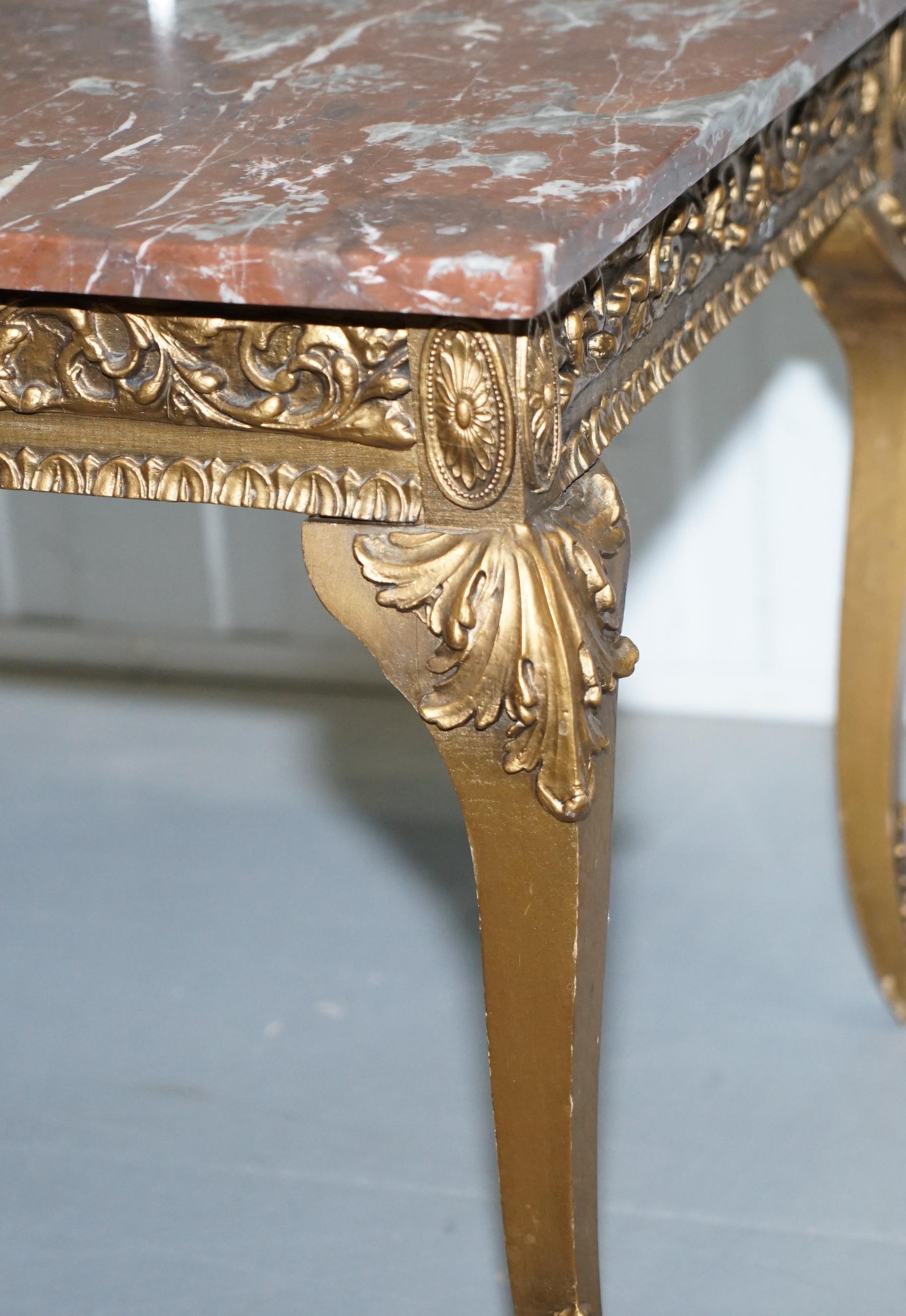 Rouge Marble Topped French Giltwood Coffee Table Heavy Rococo Baroque Carving 6