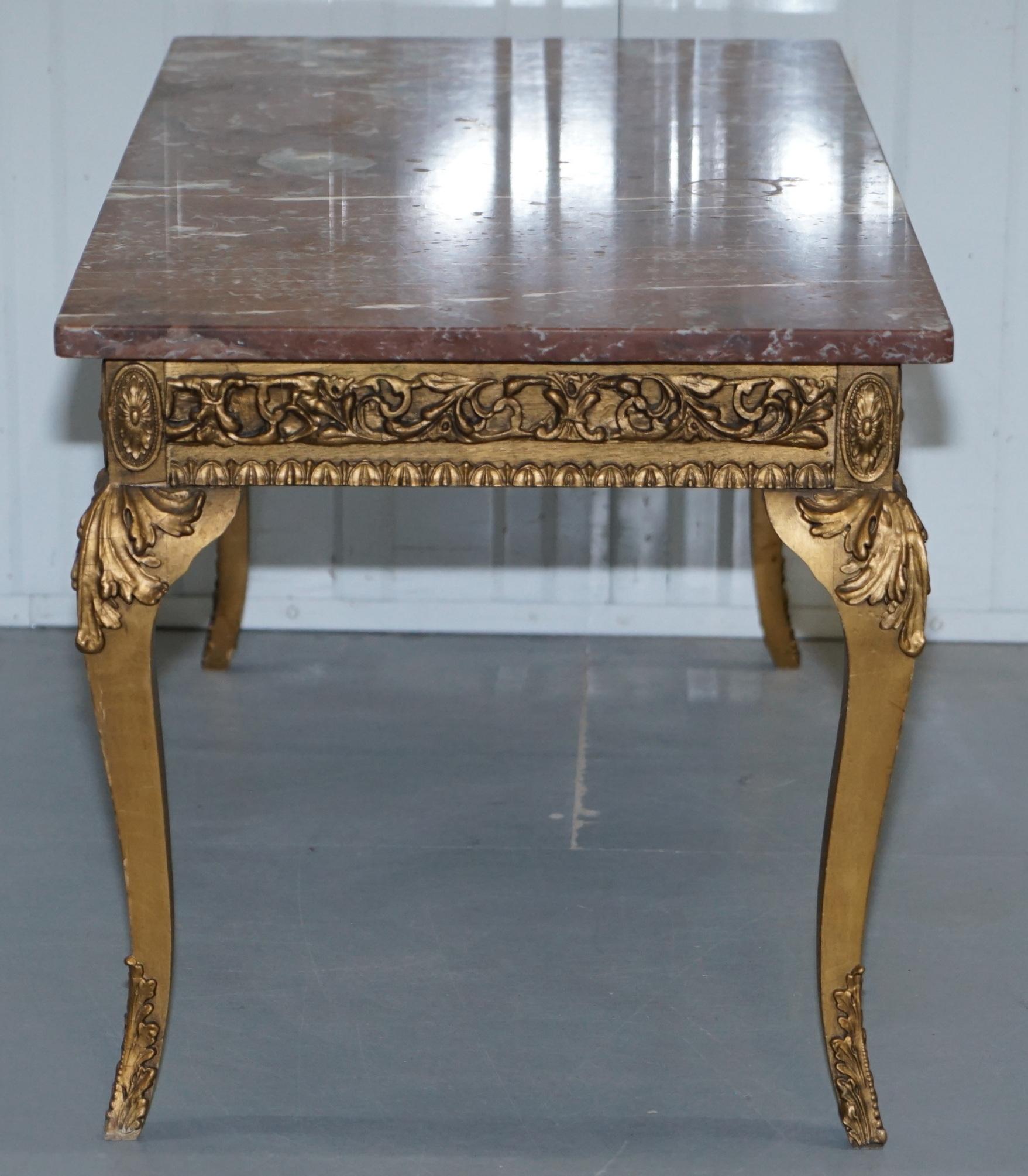 Rouge Marble Topped French Giltwood Coffee Table Heavy Rococo Baroque Carving 8