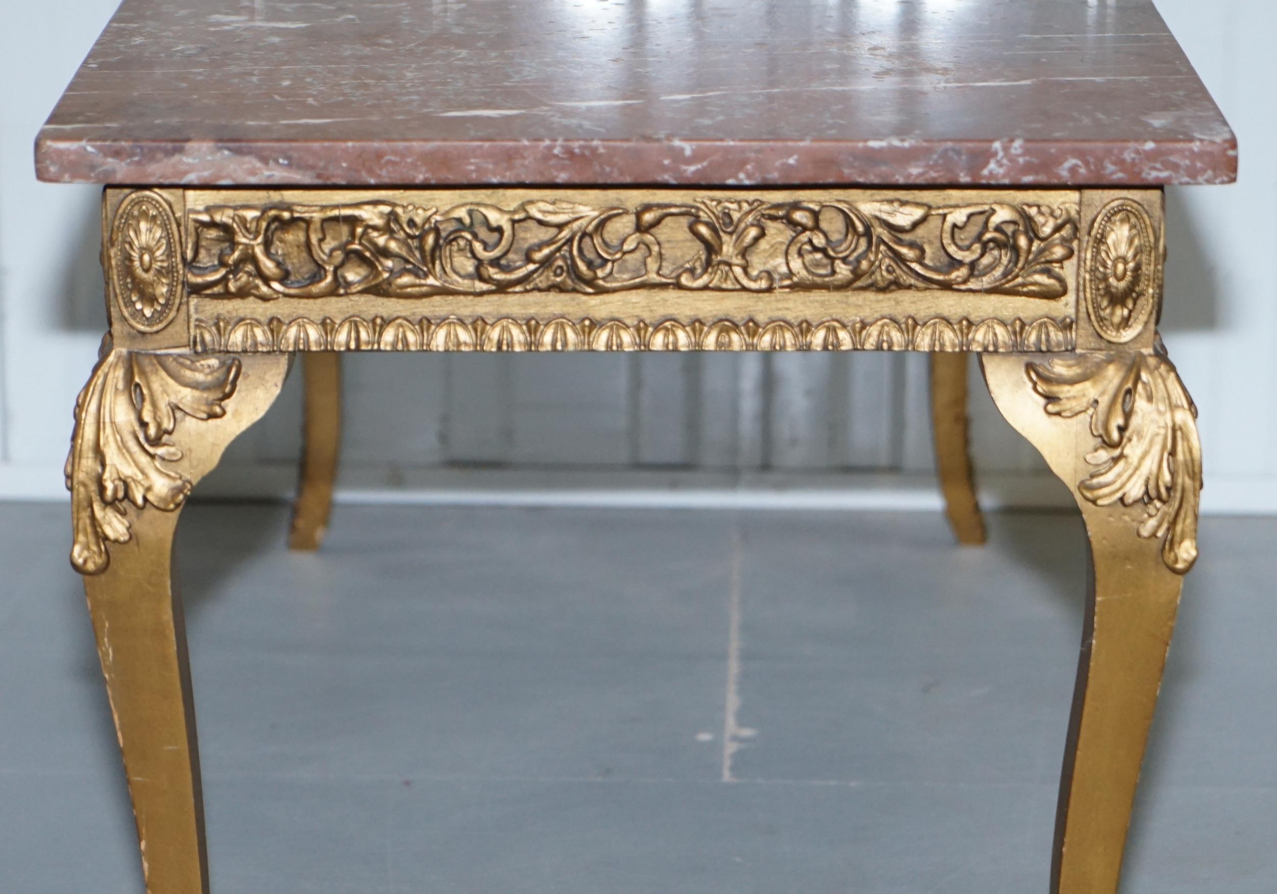 Rouge Marble Topped French Giltwood Coffee Table Heavy Rococo Baroque Carving 9