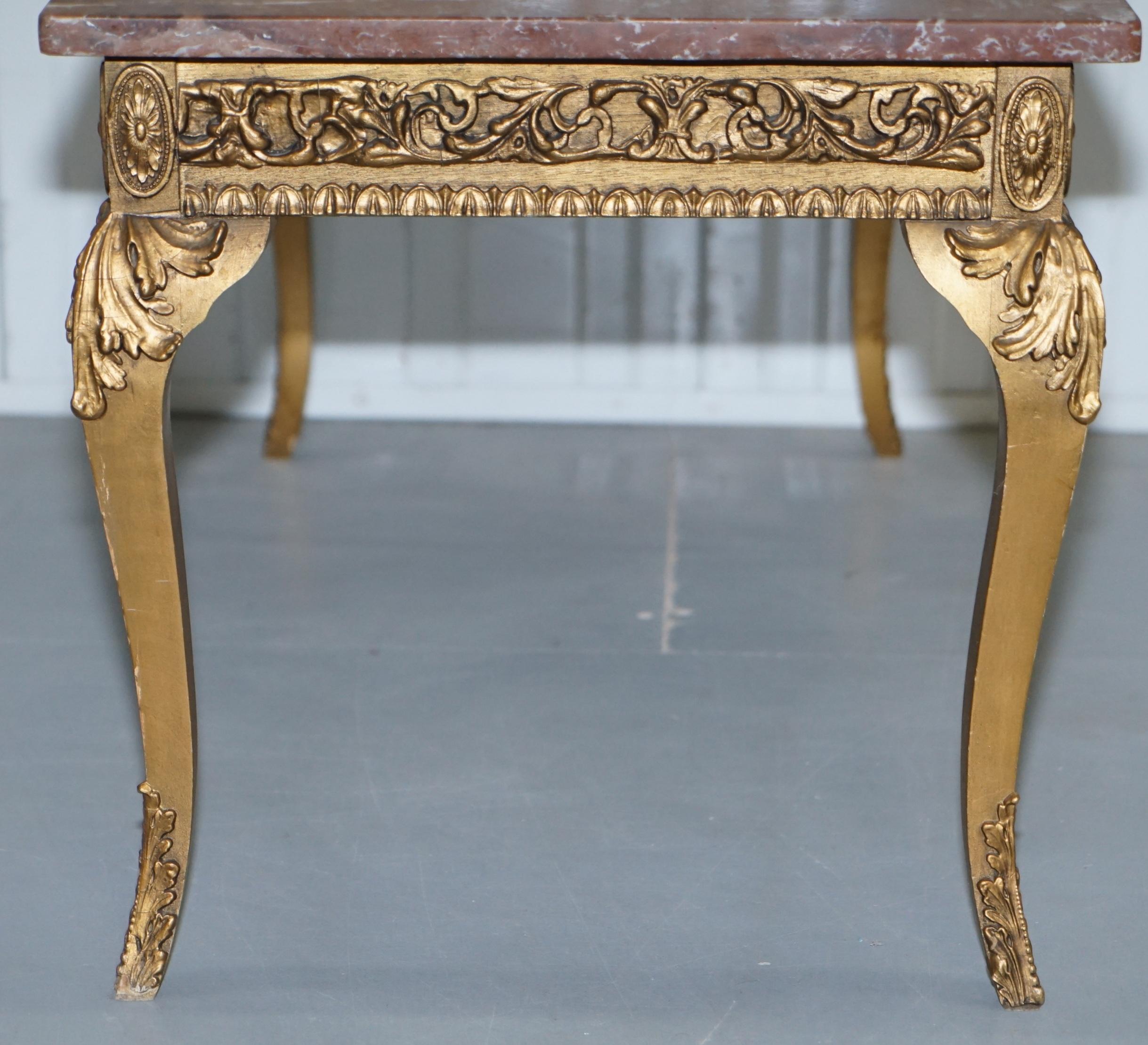 Rouge Marble Topped French Giltwood Coffee Table Heavy Rococo Baroque Carving 10