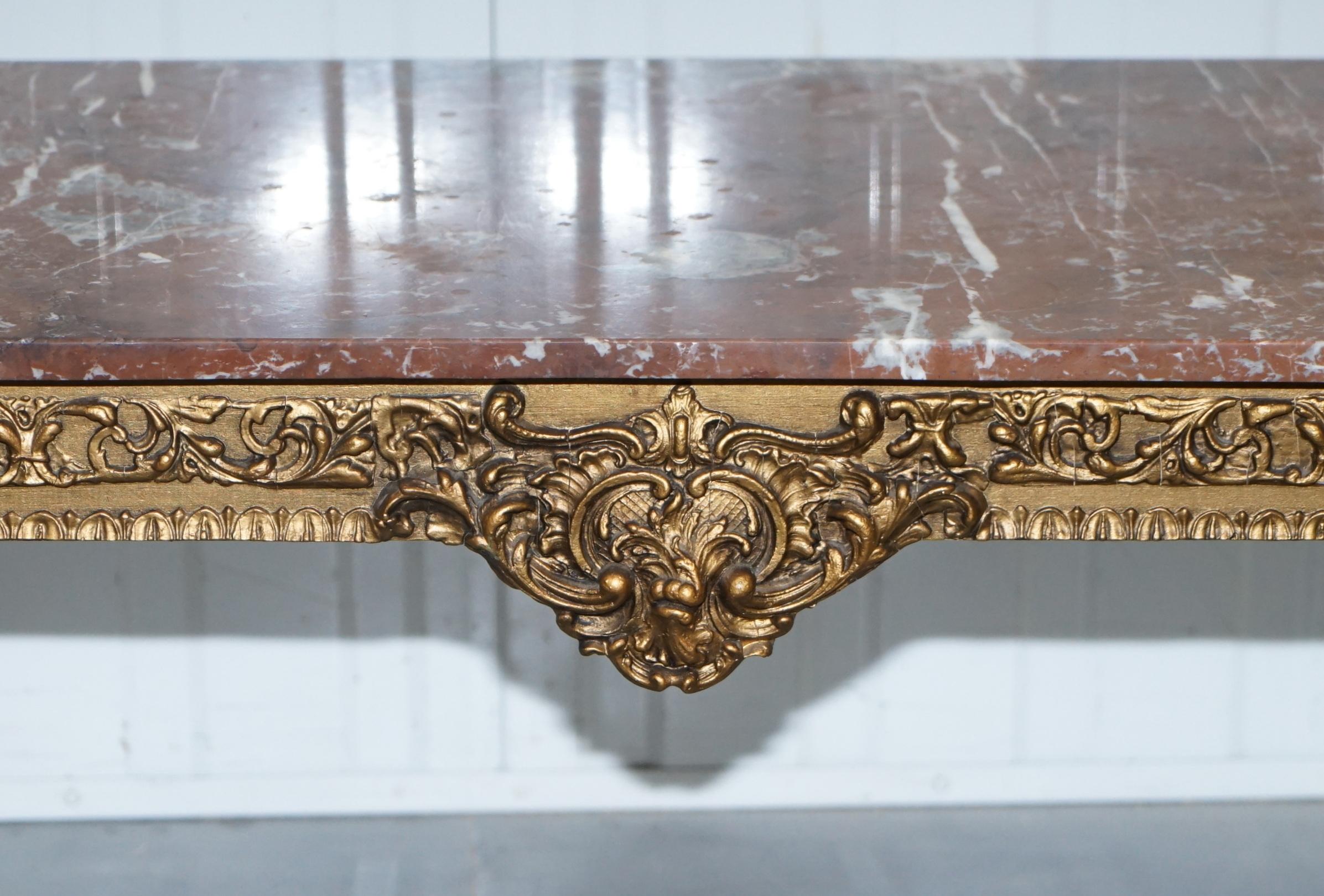 Rouge Marble Topped French Giltwood Coffee Table Heavy Rococo Baroque Carving 12