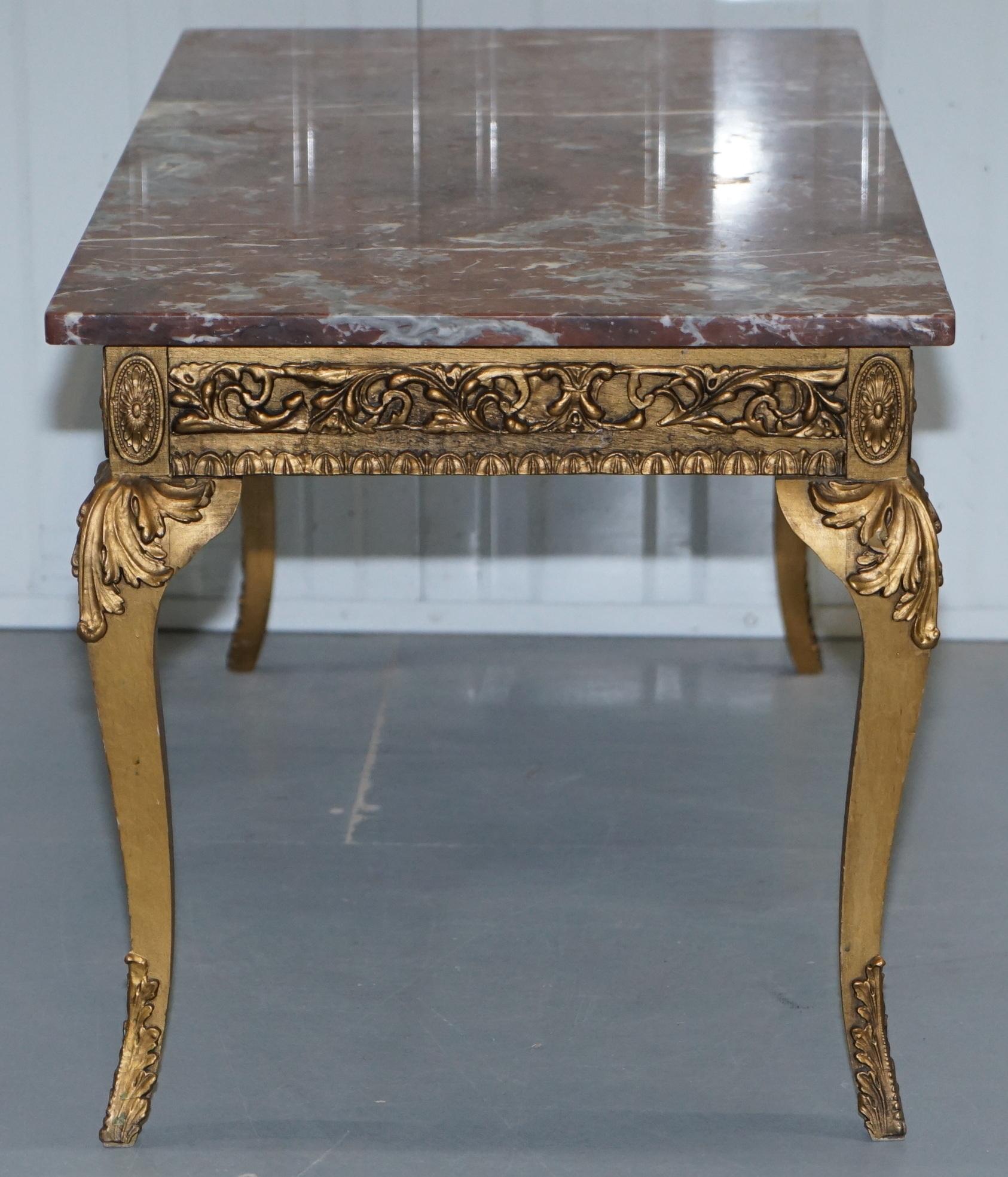 Rouge Marble Topped French Giltwood Coffee Table Heavy Rococo Baroque Carving 13