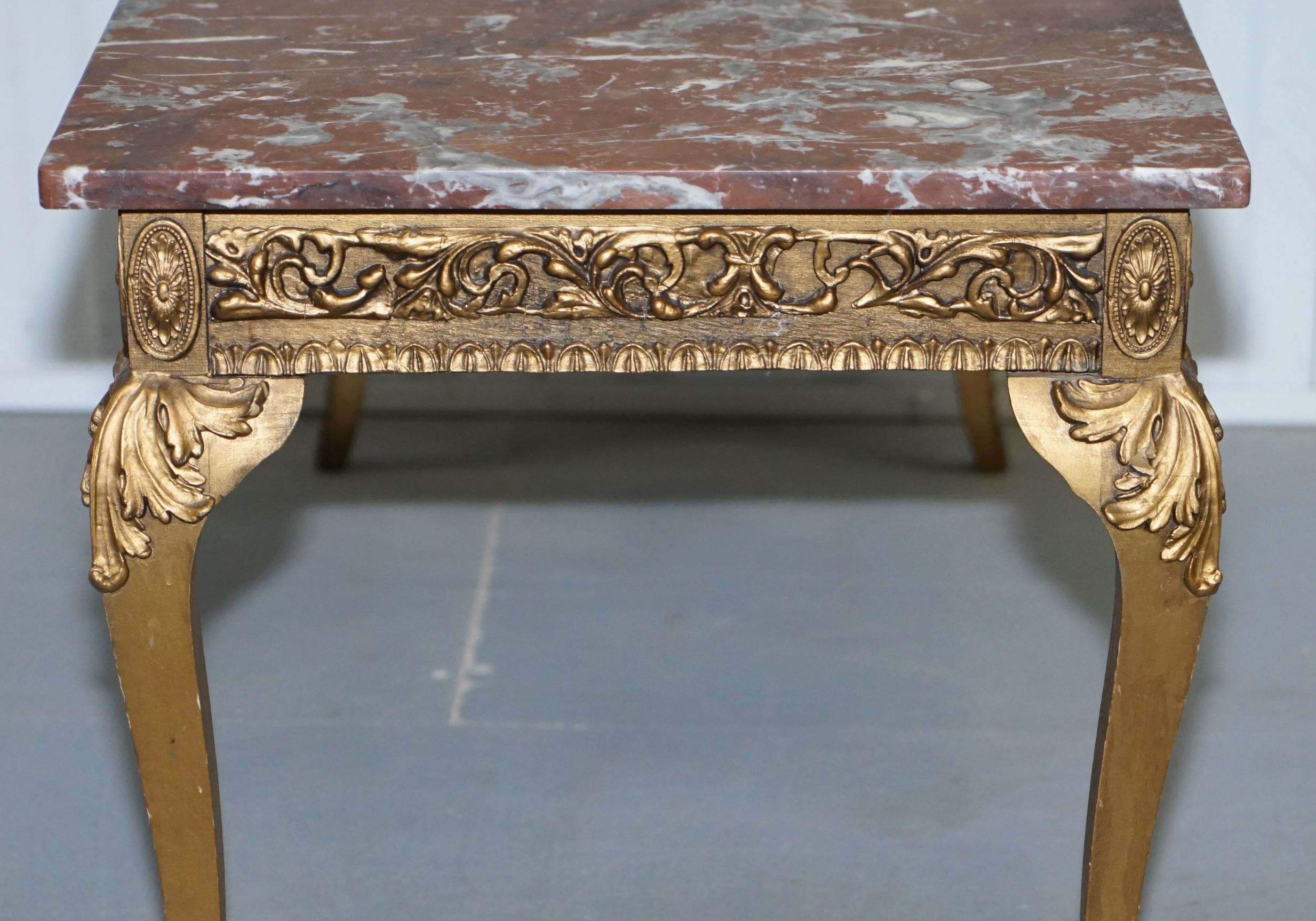 Rouge Marble Topped French Giltwood Coffee Table Heavy Rococo Baroque Carving 14