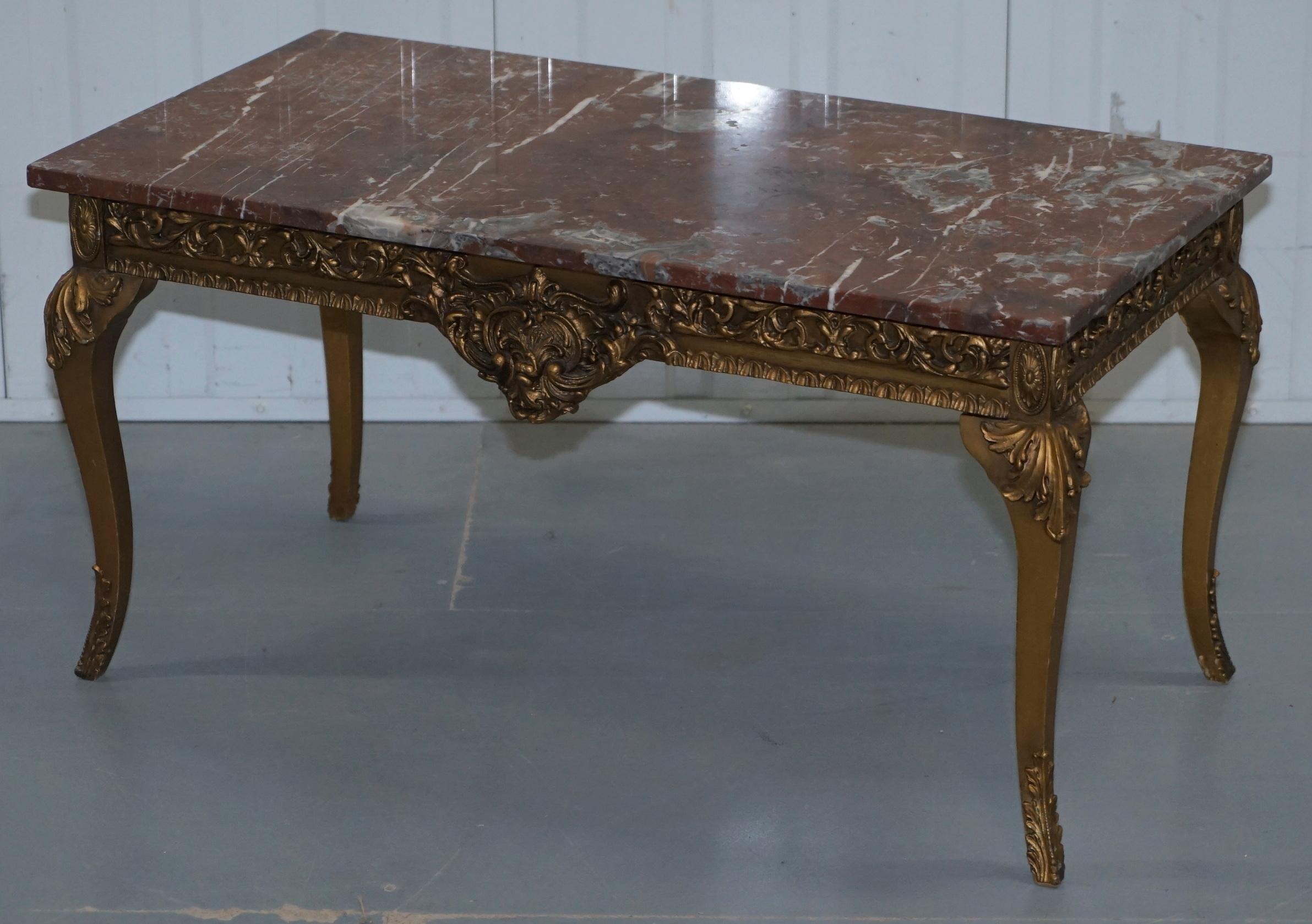 Hand-Crafted Rouge Marble Topped French Giltwood Coffee Table Heavy Rococo Baroque Carving
