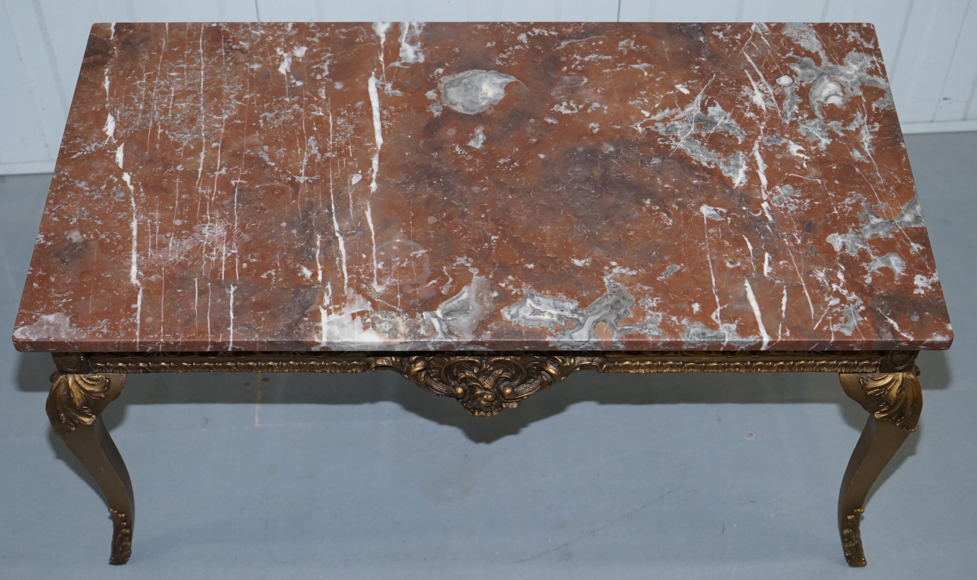 20th Century Rouge Marble Topped French Giltwood Coffee Table Heavy Rococo Baroque Carving