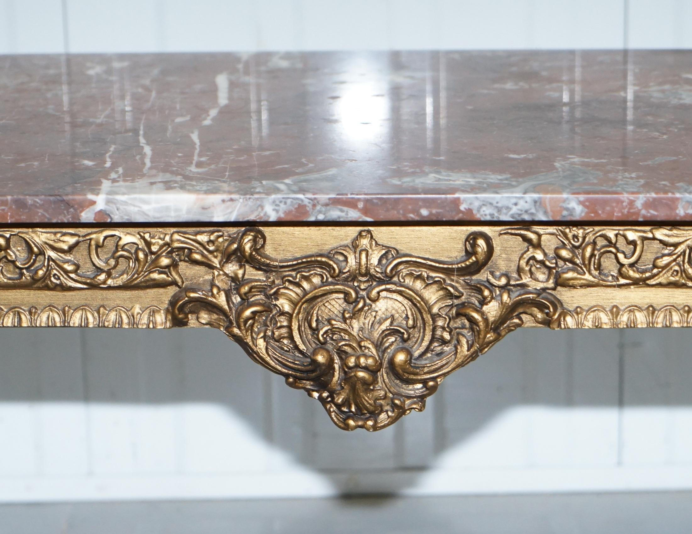 Rouge Marble Topped French Giltwood Coffee Table Heavy Rococo Baroque Carving 4