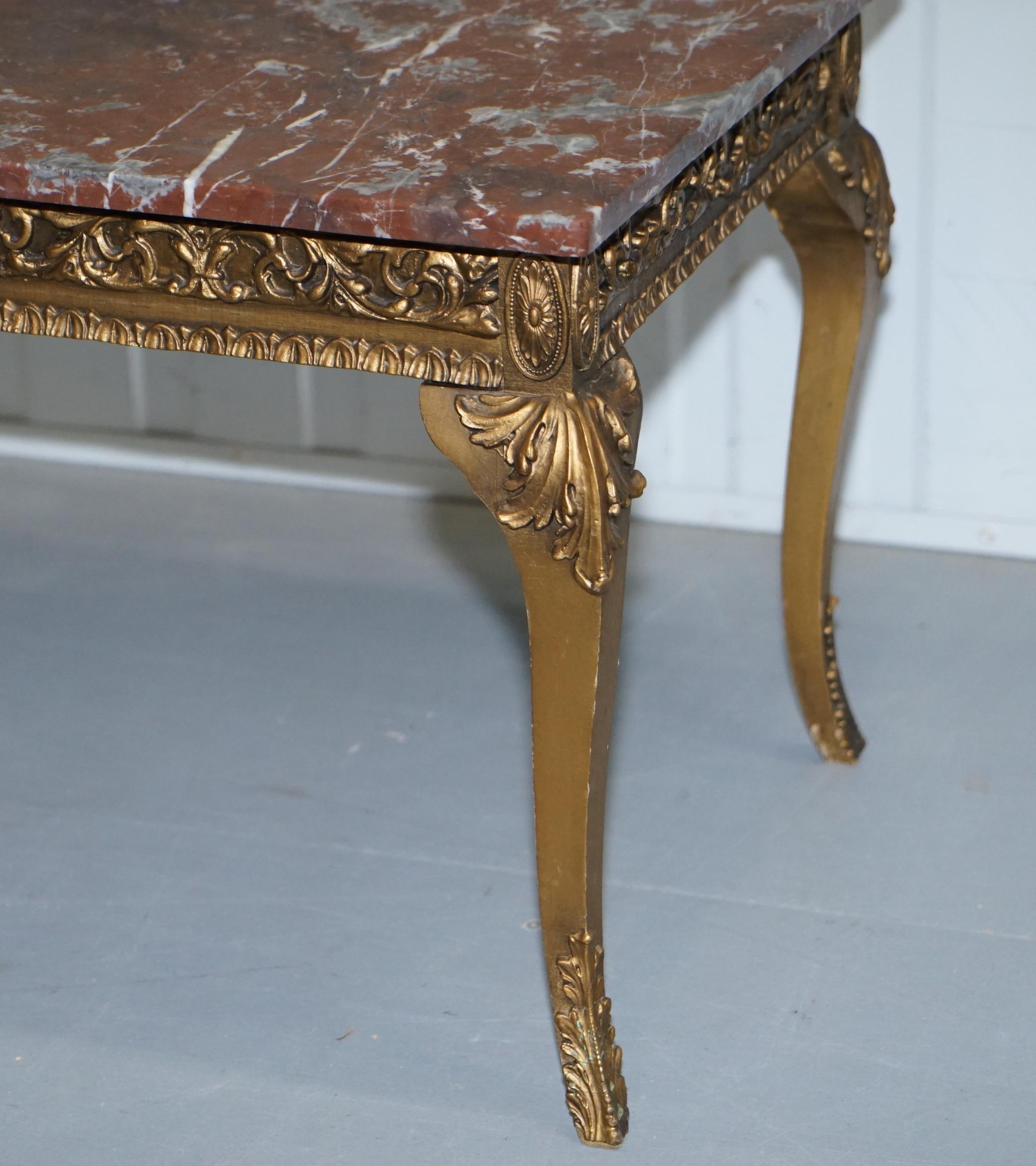 Rouge Marble Topped French Giltwood Coffee Table Heavy Rococo Baroque Carving 5