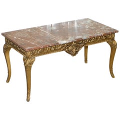 Rouge Marble Topped French Giltwood Coffee Table Heavy Rococo Baroque Carving