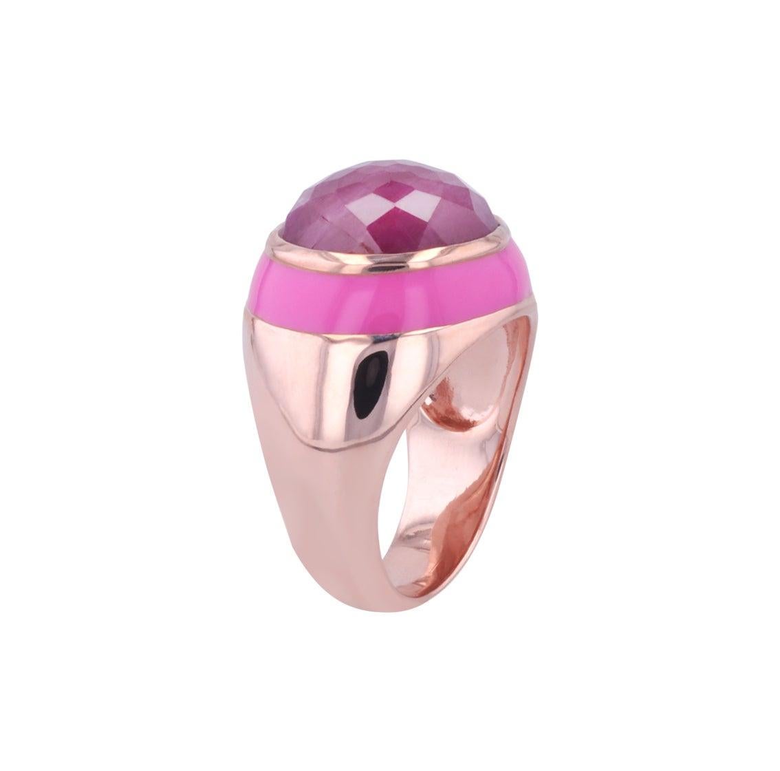 For Sale:  Rouge Pink Enamel Ring with Cabochon Opaque Ruby in Rose Gold 10