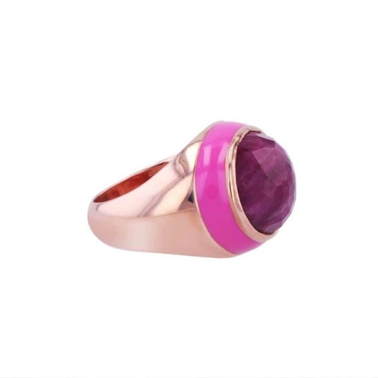 For Sale:  Rouge Pink Enamel Ring with Cabochon Opaque Ruby in Rose Gold 3