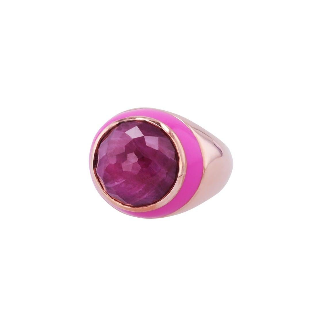 For Sale:  Rouge Pink Enamel Ring with Cabochon Opaque Ruby in Rose Gold 5