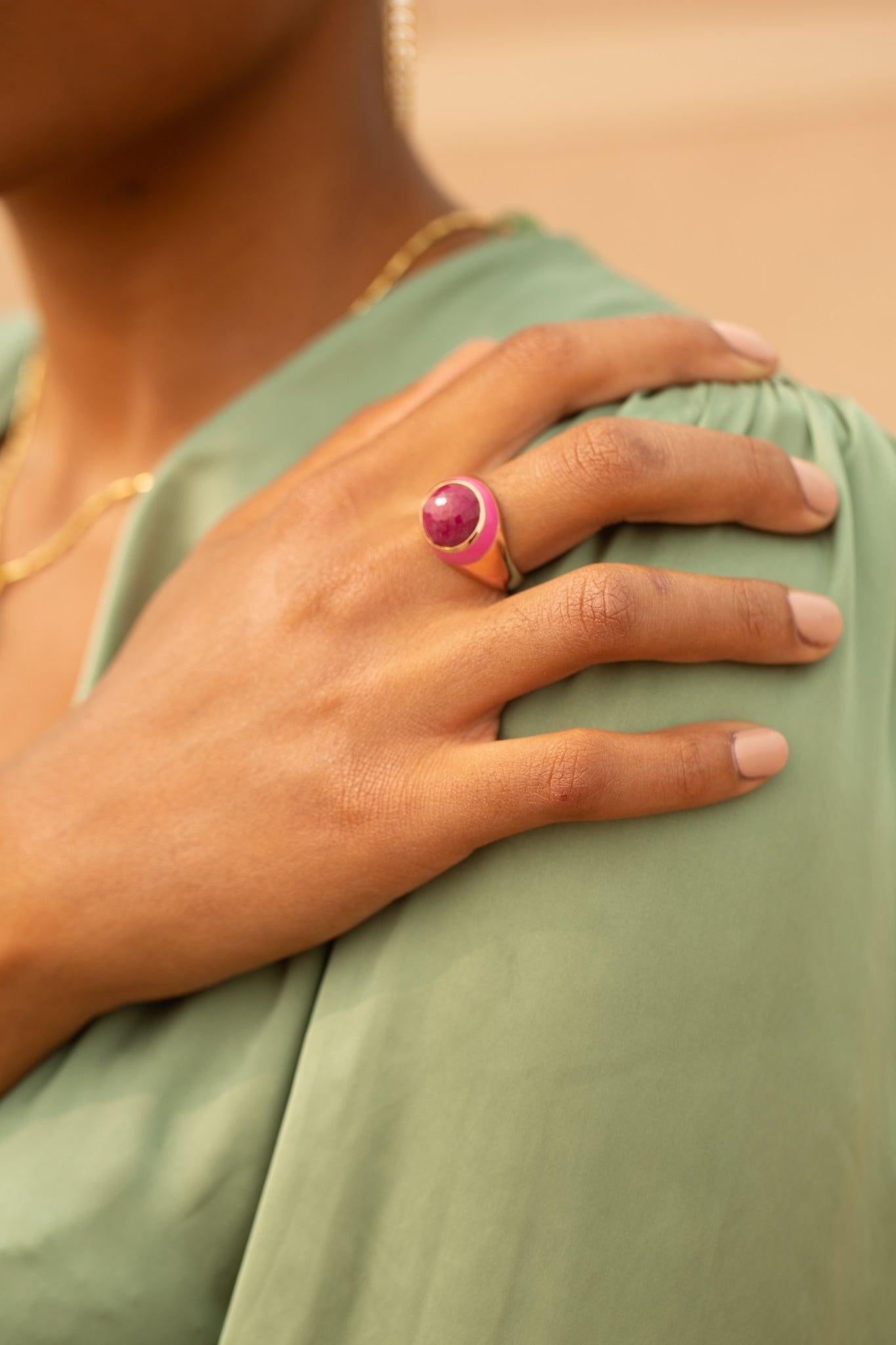 For Sale:  Rouge Pink Enamel Ring with Cabochon Opaque Ruby in Rose Gold 6