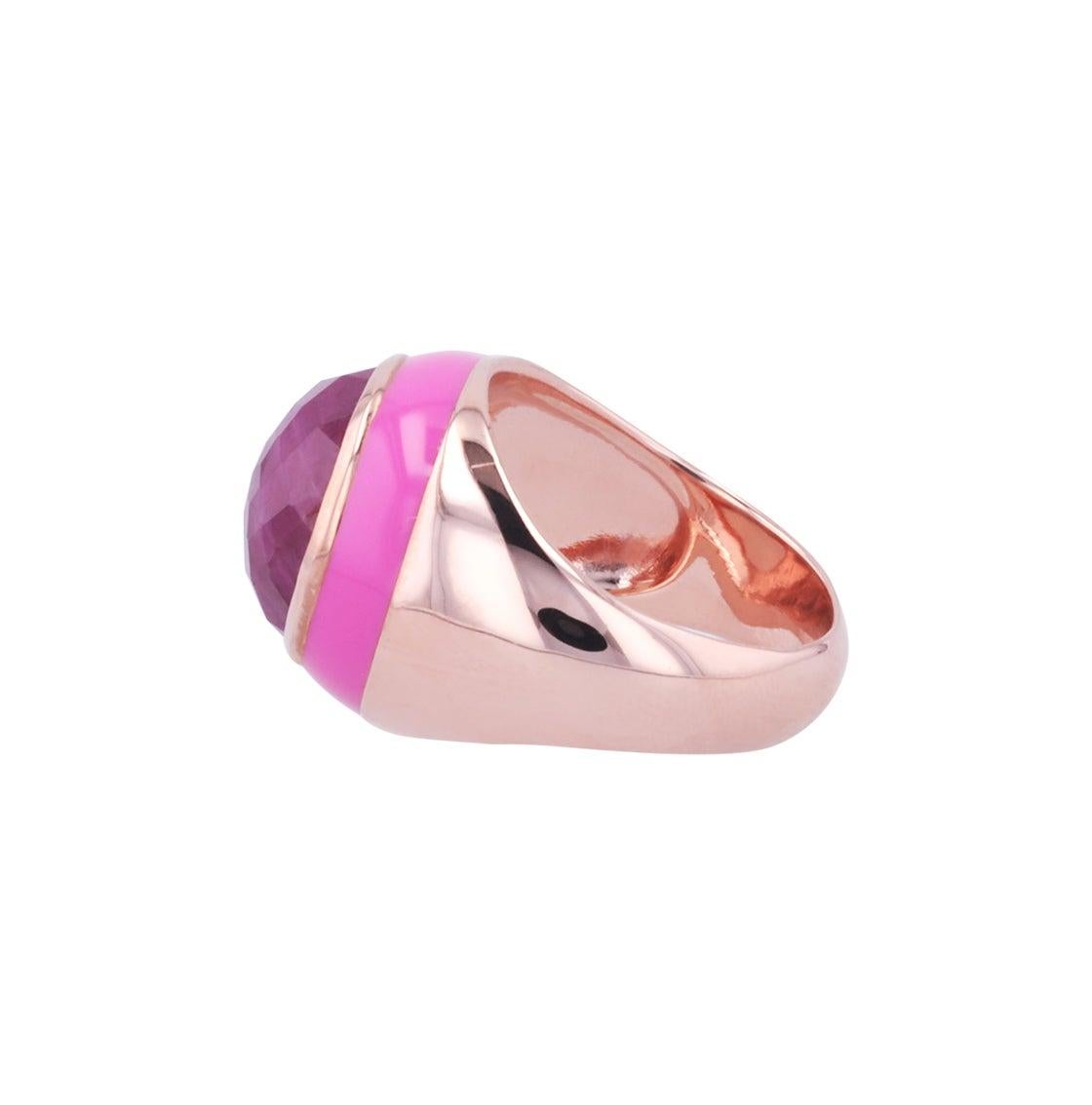 For Sale:  Rouge Pink Enamel Ring with Cabochon Opaque Ruby in Rose Gold 7