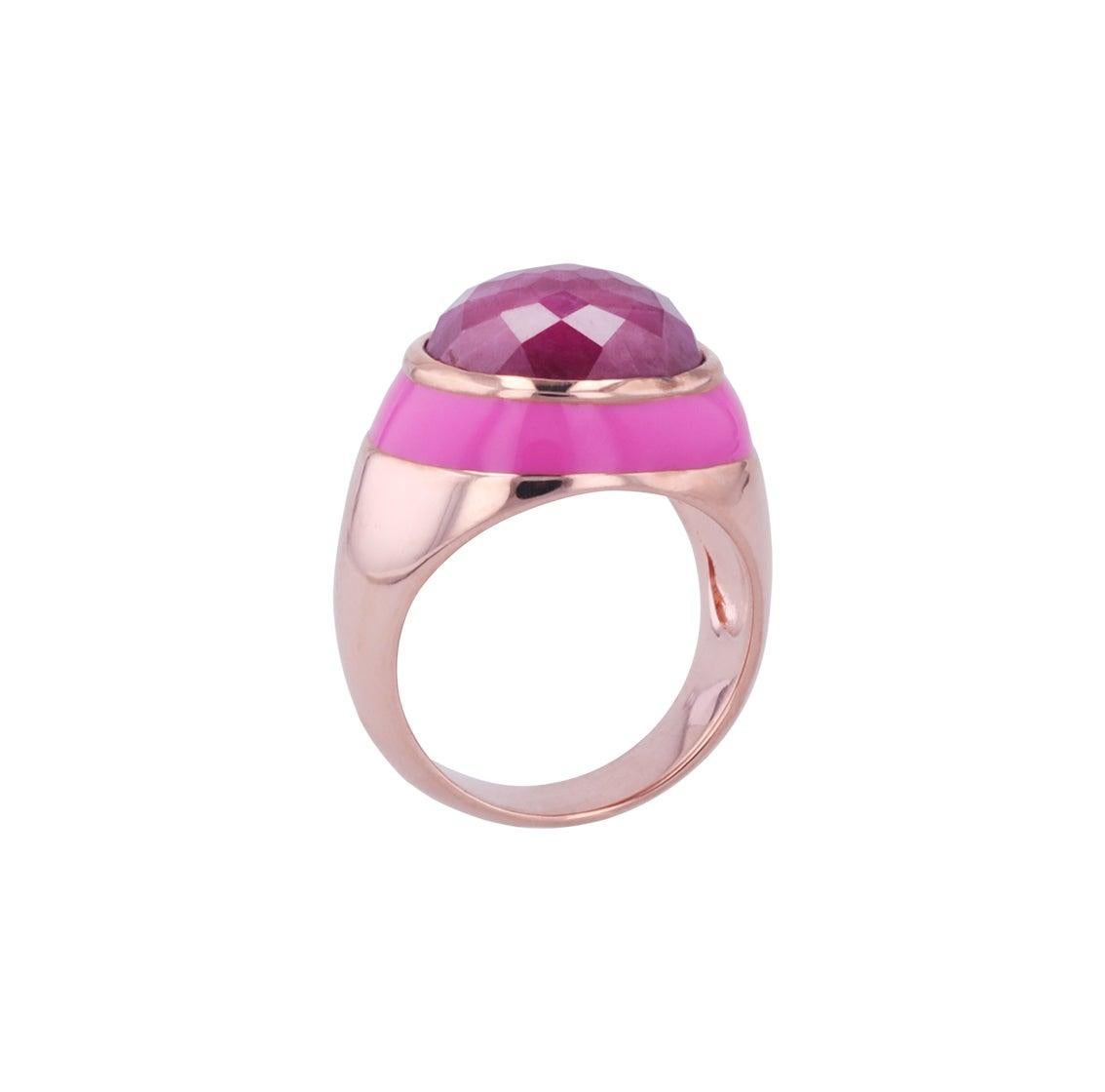 For Sale:  Rouge Pink Enamel Ring with Cabochon Opaque Ruby in Rose Gold 8
