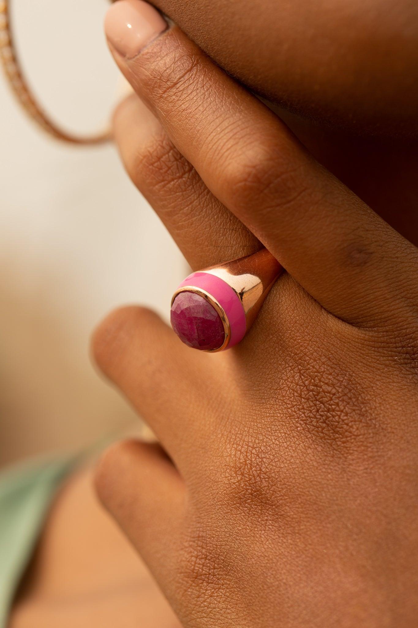 For Sale:  Rouge Pink Enamel Ring with Cabochon Opaque Ruby in Rose Gold 9