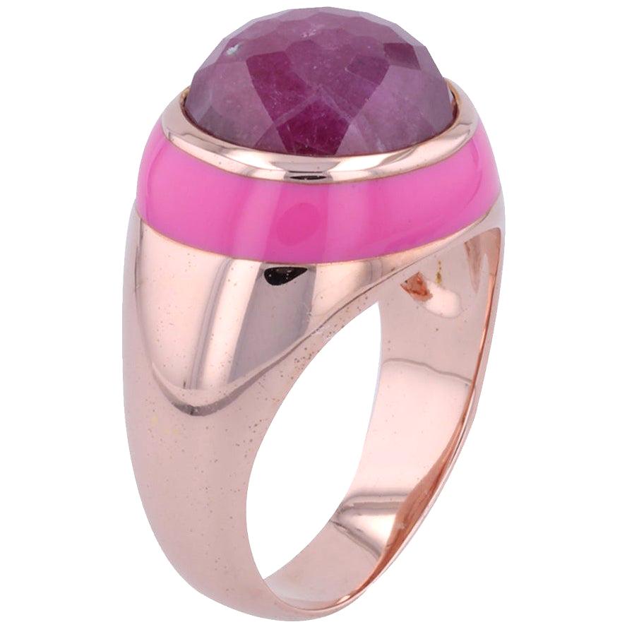 For Sale:  Rouge Pink Enamel Ring with Cabochon Opaque Ruby in Rose Gold