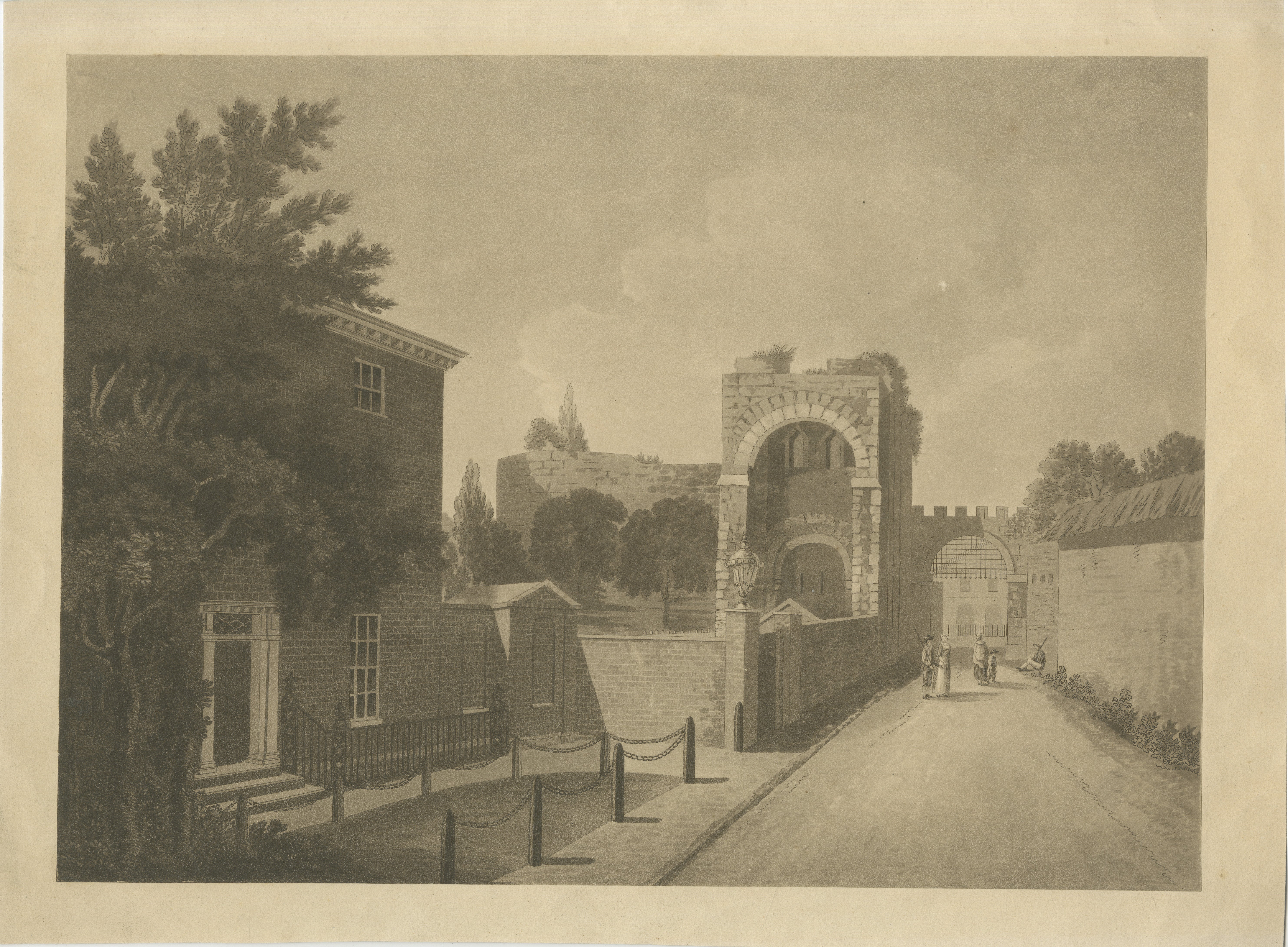 Castello di Rougemont Exeter, veduta all'acquatinta, Jukes & Davey, 1794 in vendita