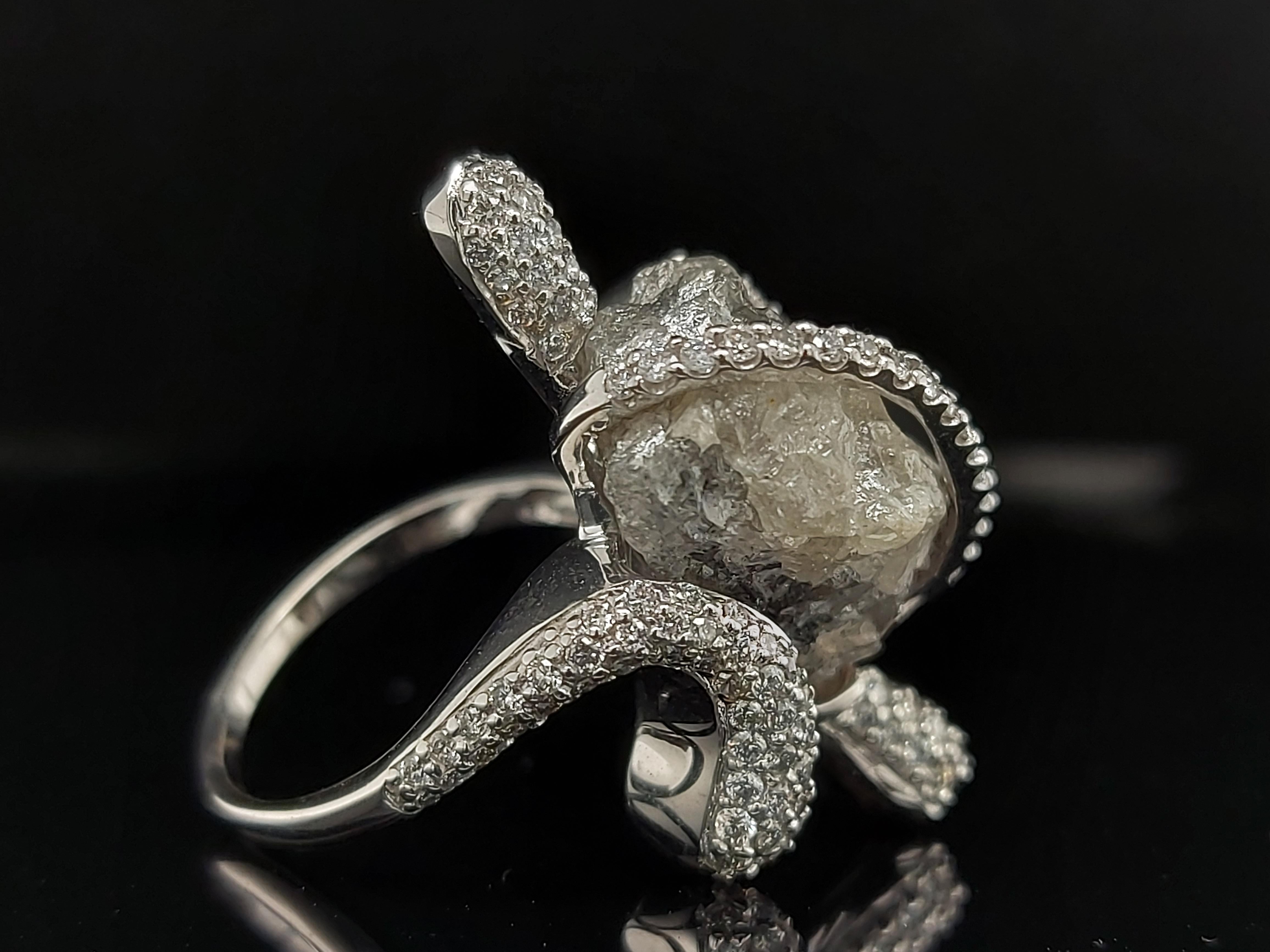 Rough 14 Carat Center and Brilliant Cut Diamond Unique Handmade White Gold Ring For Sale 6