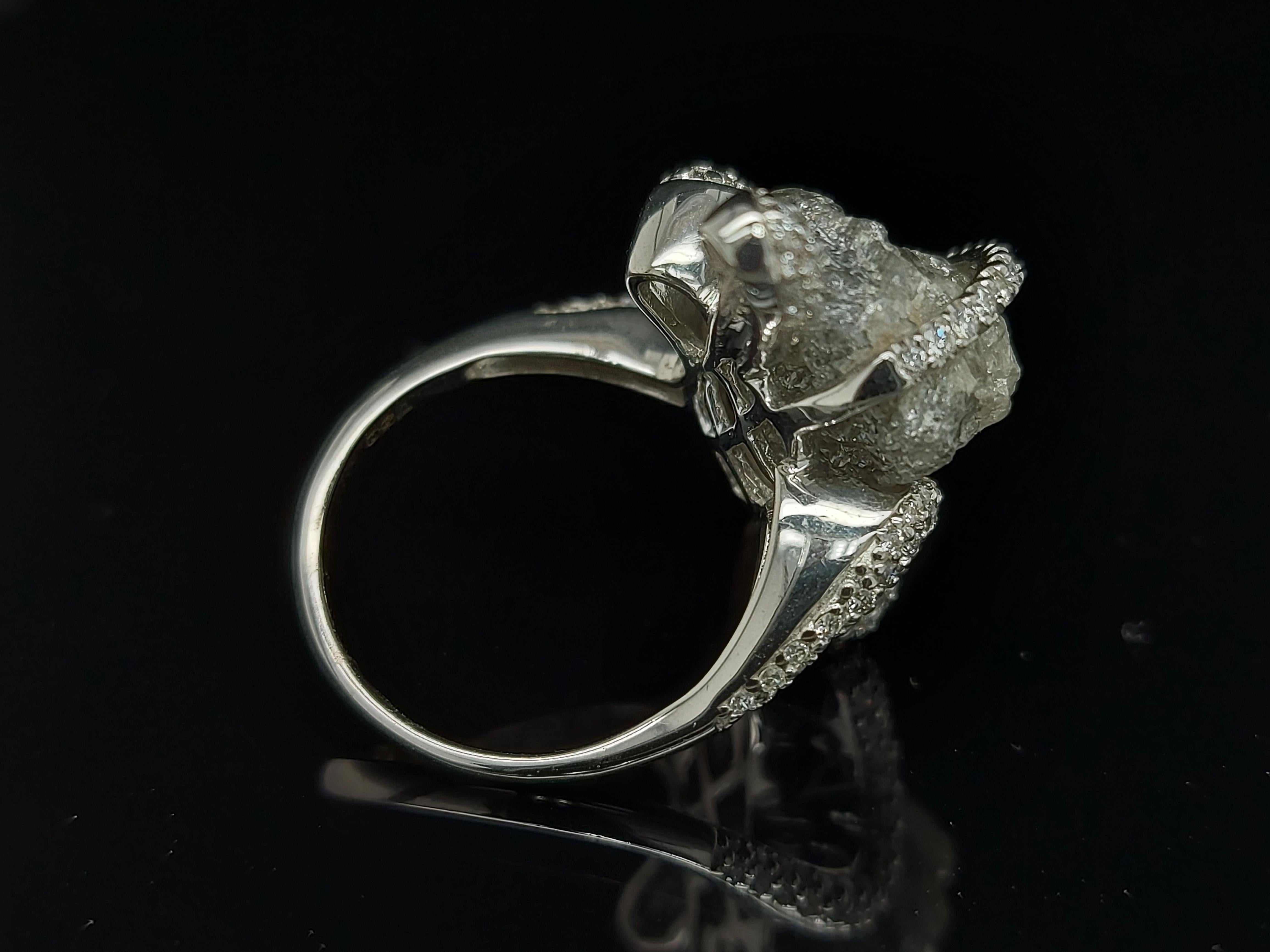 Rough 14 Carat Center and Brilliant Cut Diamond Unique Handmade White Gold Ring For Sale 7