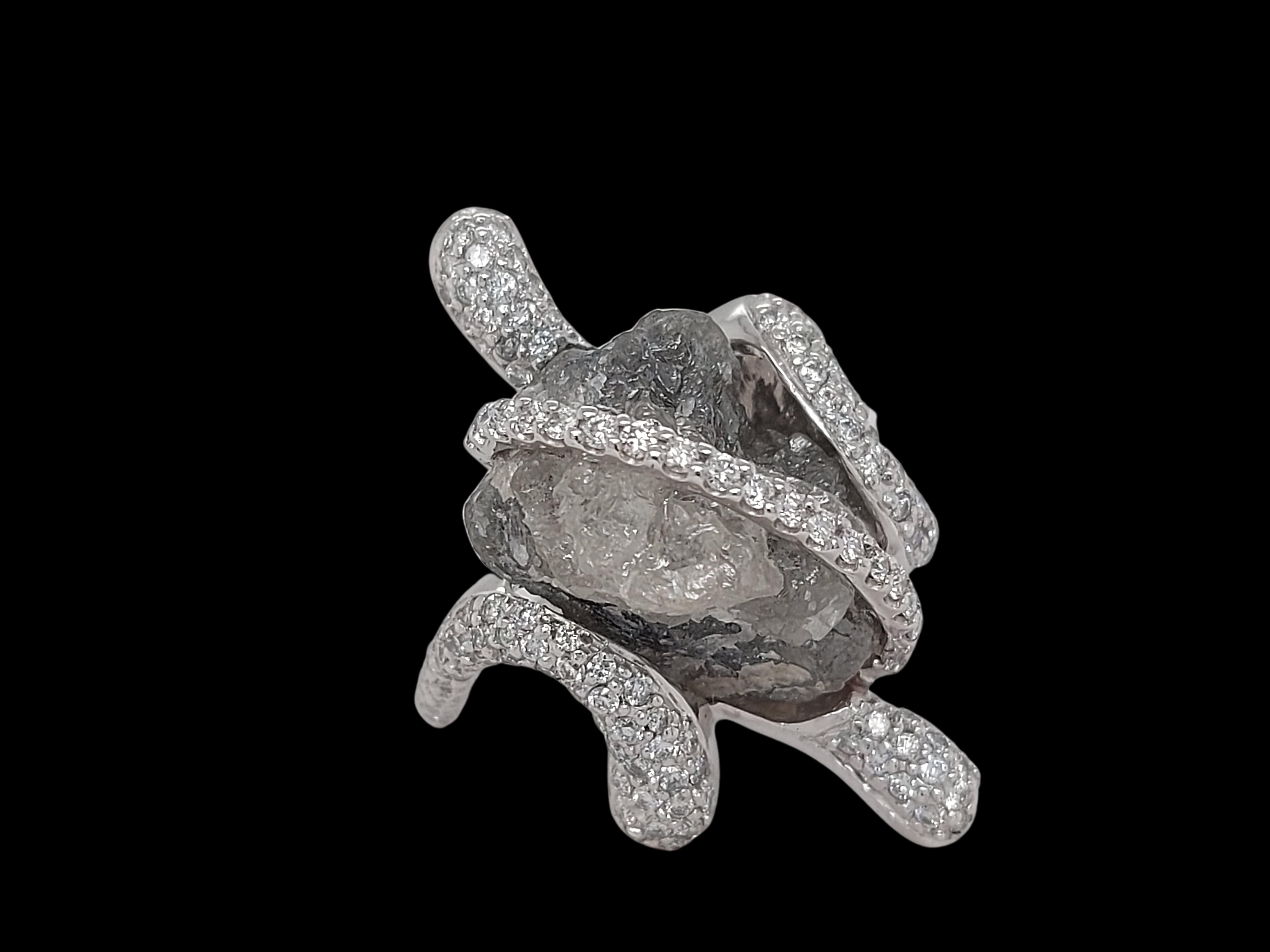 Rough 14 Carat Center and Brilliant Cut Diamond Unique Handmade White Gold Ring For Sale 9