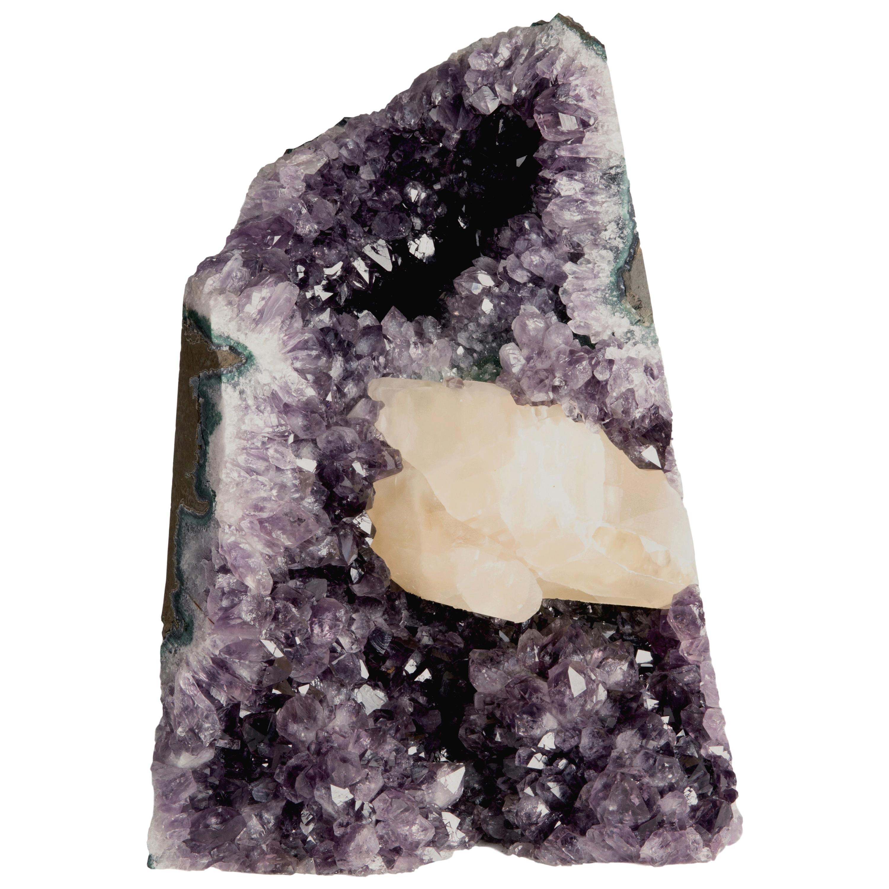 Rough Amethyst Calcite Formation Surrounded by Green Celadonite and White Quartz For Sale