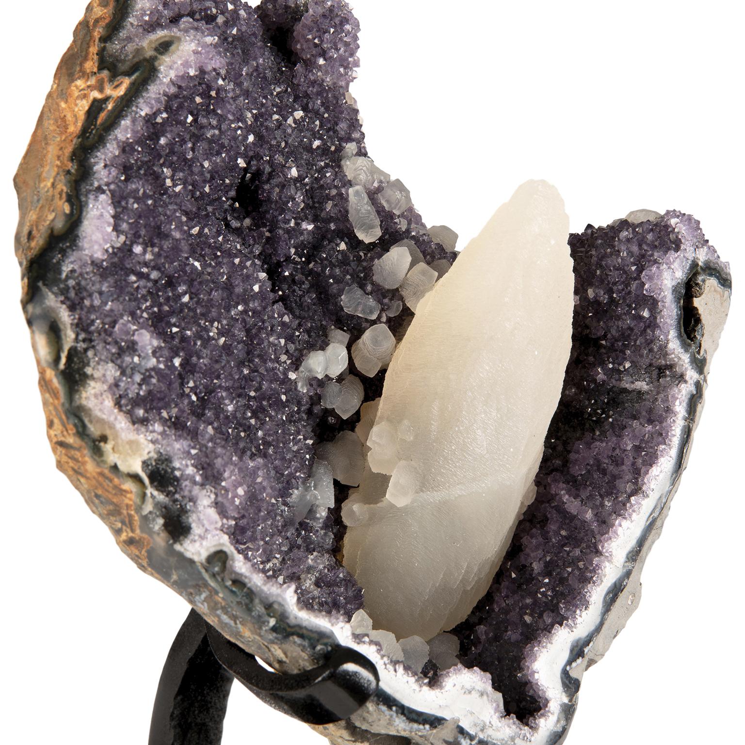 Uruguayan Rough Amethyst Cluster with Central Calcite Formation and Calcite Accents
