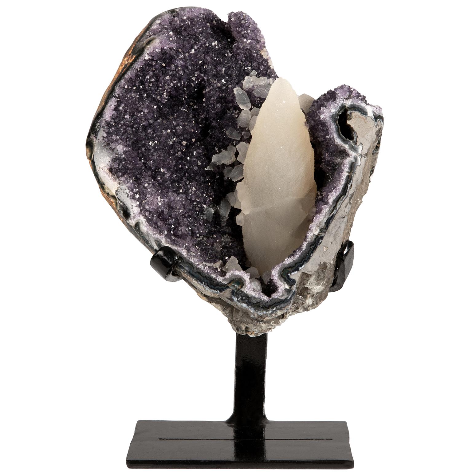 Agate Rough Amethyst Cluster with Central Calcite Formation and Calcite Accents