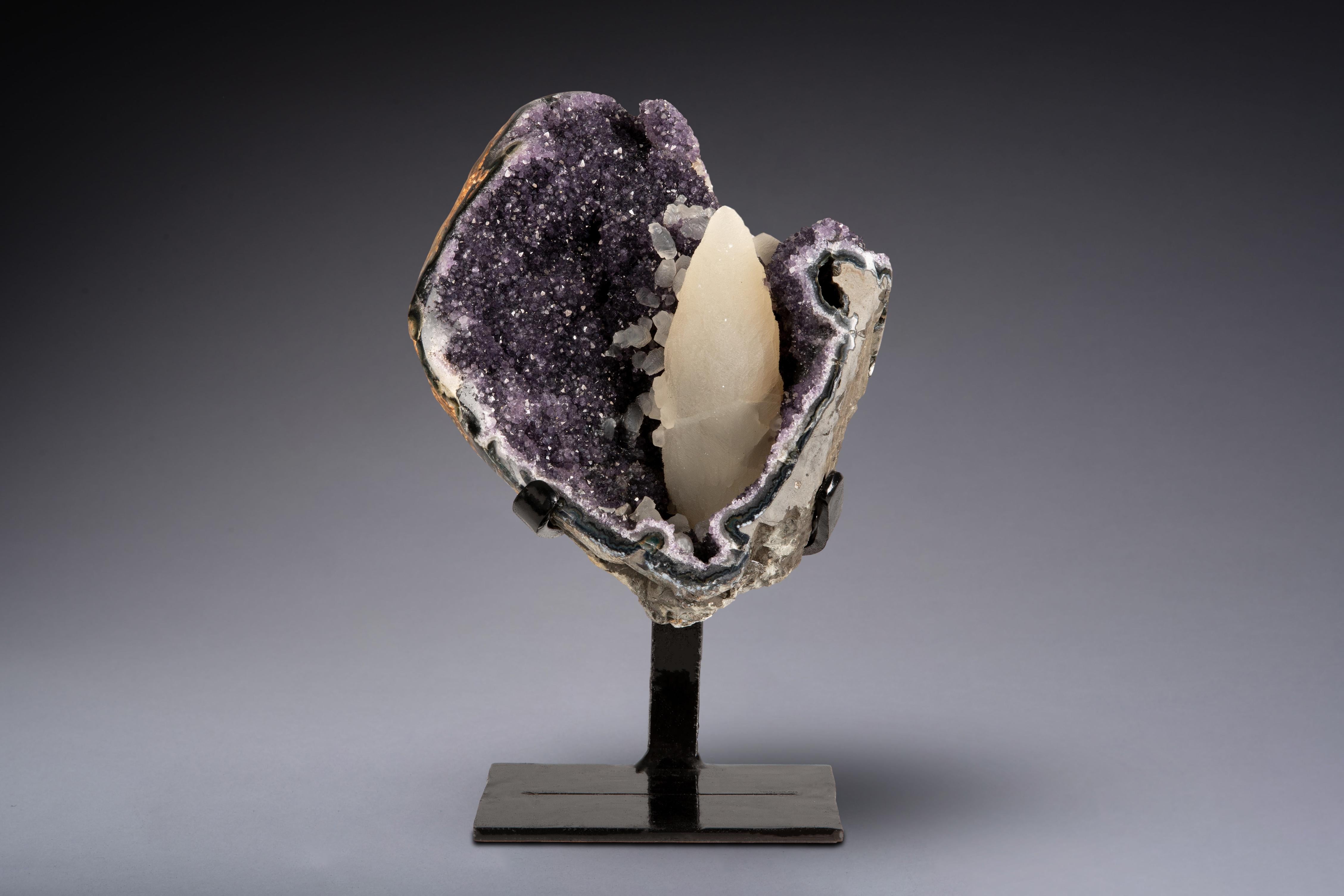 Rough Amethyst Cluster with Central Calcite Formation and Calcite Accents 2