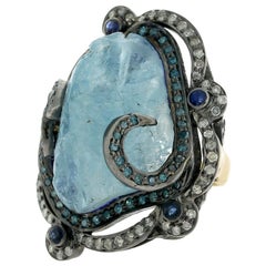 Rough Aquamarine and Sapphire Ring with Diamonds in Silver and Gold