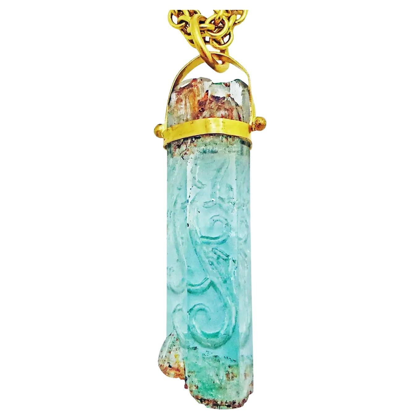 Rough Aquamarine Carved Crystal Pendant