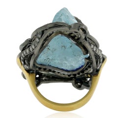 Rough Aquamarine and Sapphire Ring with Diamonds in Silver and Gold