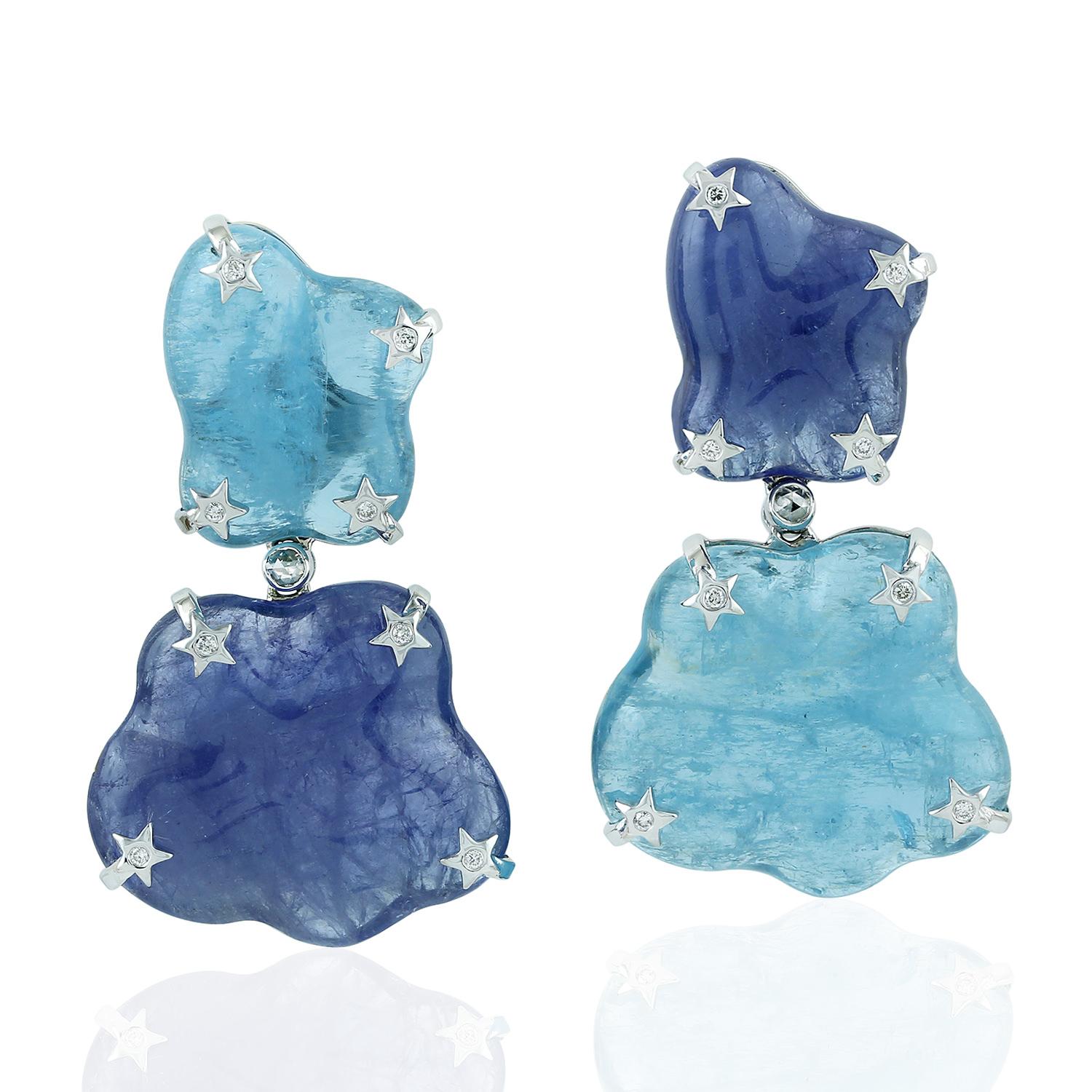 Modernist Rough Aquamarine and Tanzanite Earring in 18K White Gold with Diamonds For Sale