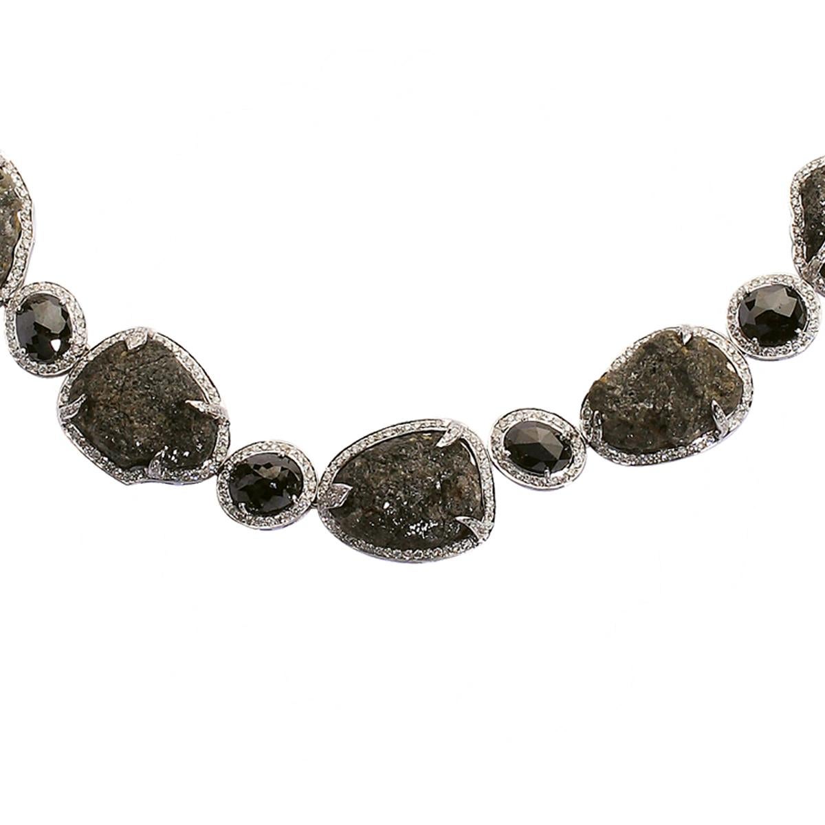 18K White Gold Necklace Featuring Approximately 321cts of Rough Diamonds, Black Diamonds and Round Brilliant Cut Diamonds.