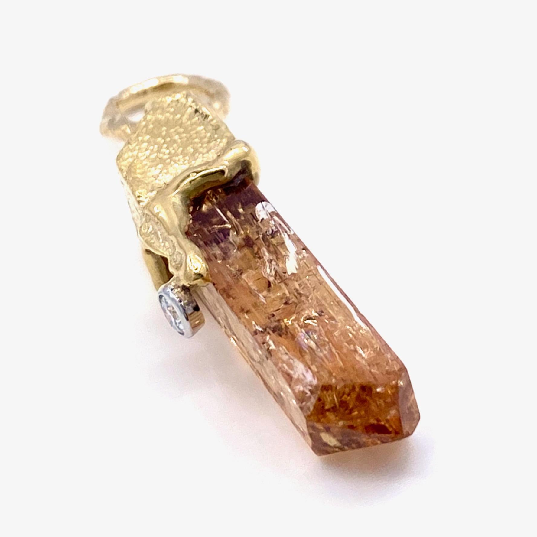 Women's or Men's Rough Citrine Crystal Prism Pendant in 18 Karat Gold with Diamond Accent