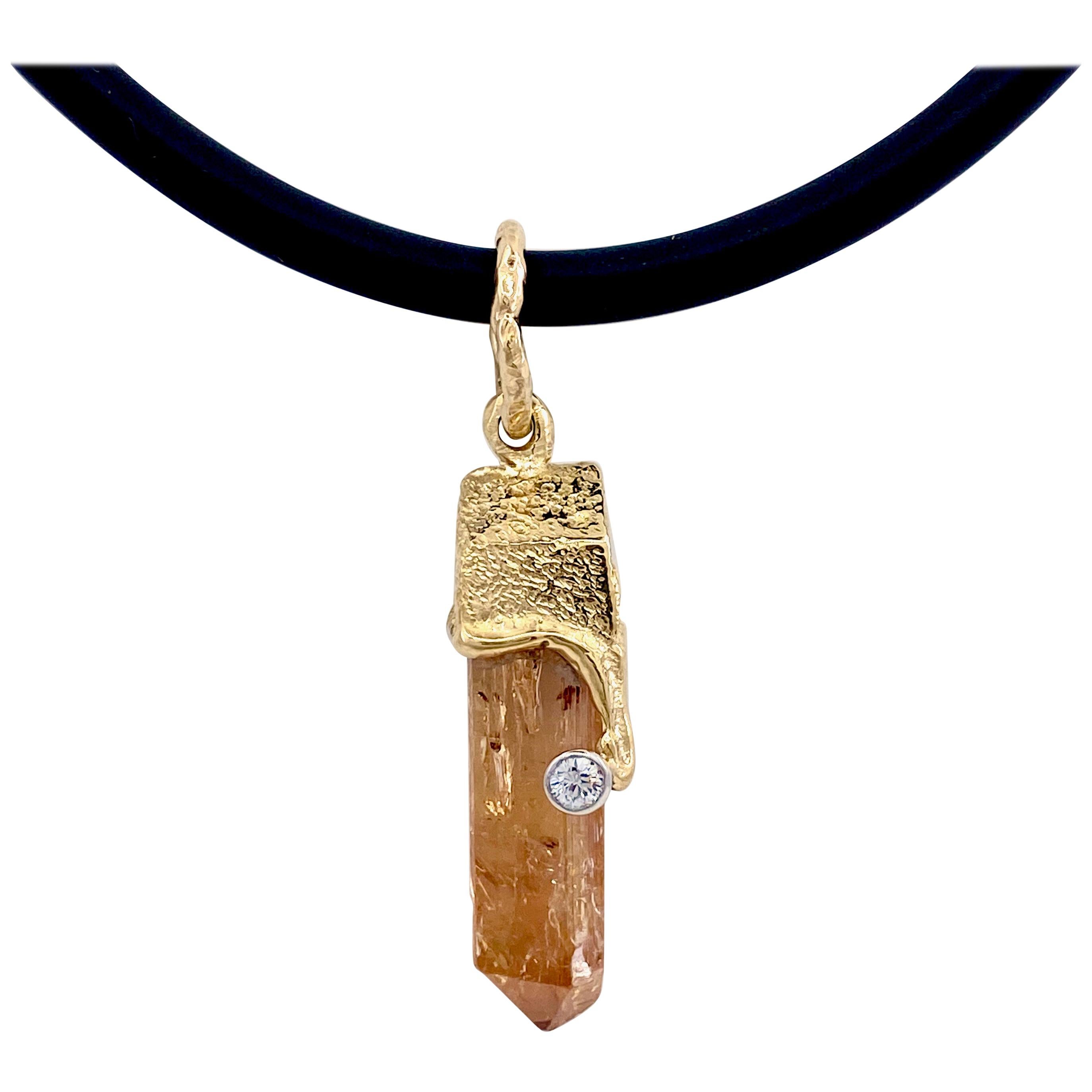 Rough Citrine Crystal Prism Pendant in 18 Karat Gold with Diamond Accent