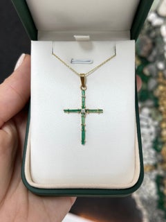 Rough Colombian Emerald & Diamond Cross Pendant Unisex 18K Gold Crucifix Natural