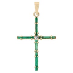 Rough Colombian Emerald & Diamond Cross Pendant Unisex 18K Gold Crucifix Natural