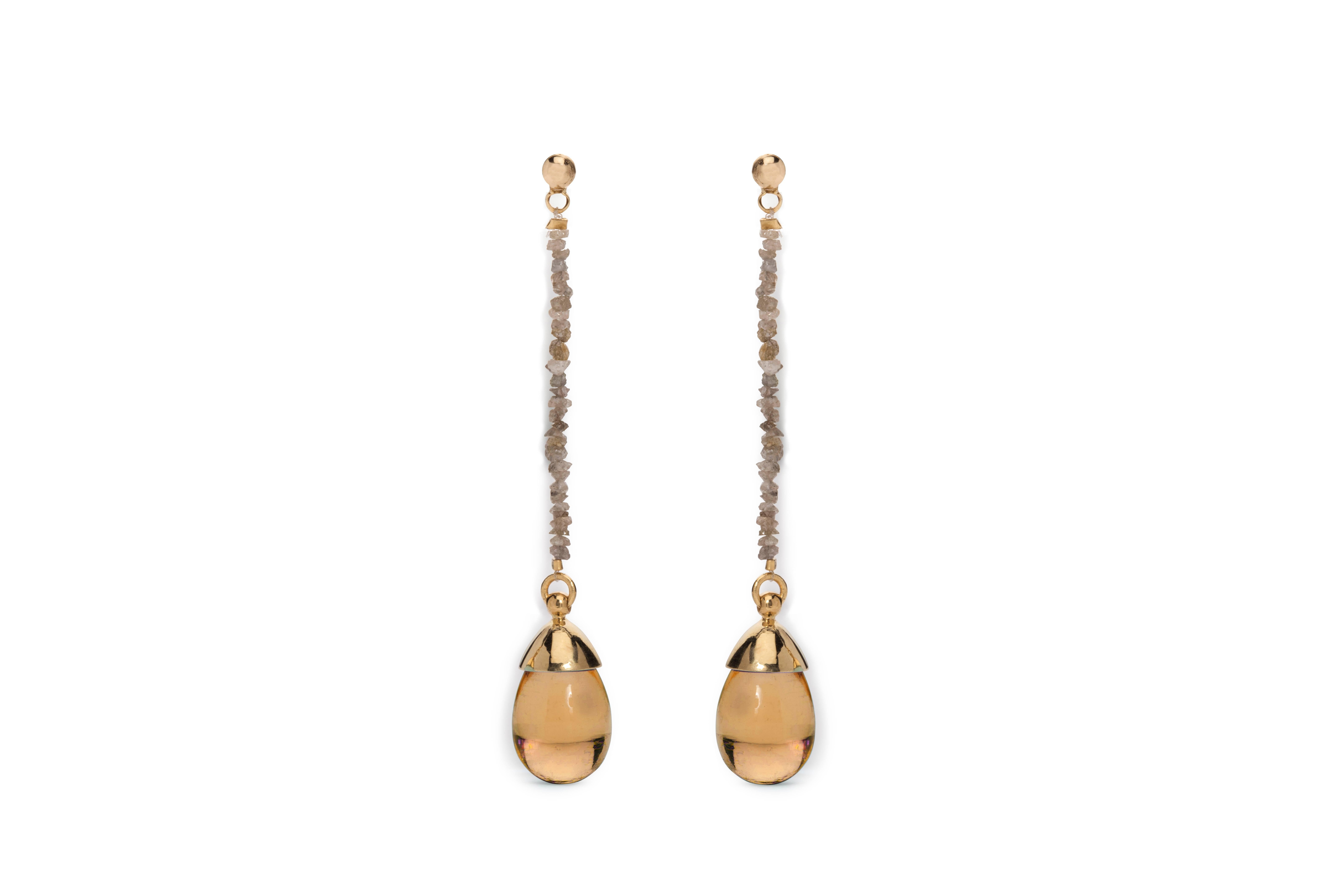 MAVIADA's Rough Cut Diamond Pink Tourmaline Quartz 18k yellow Gold Drop Earrings 2