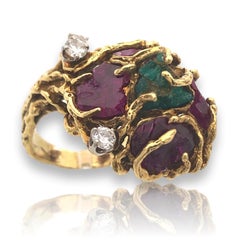 Rough-Cut Emerald and Ruby Nugget Statement Ring, 1970s