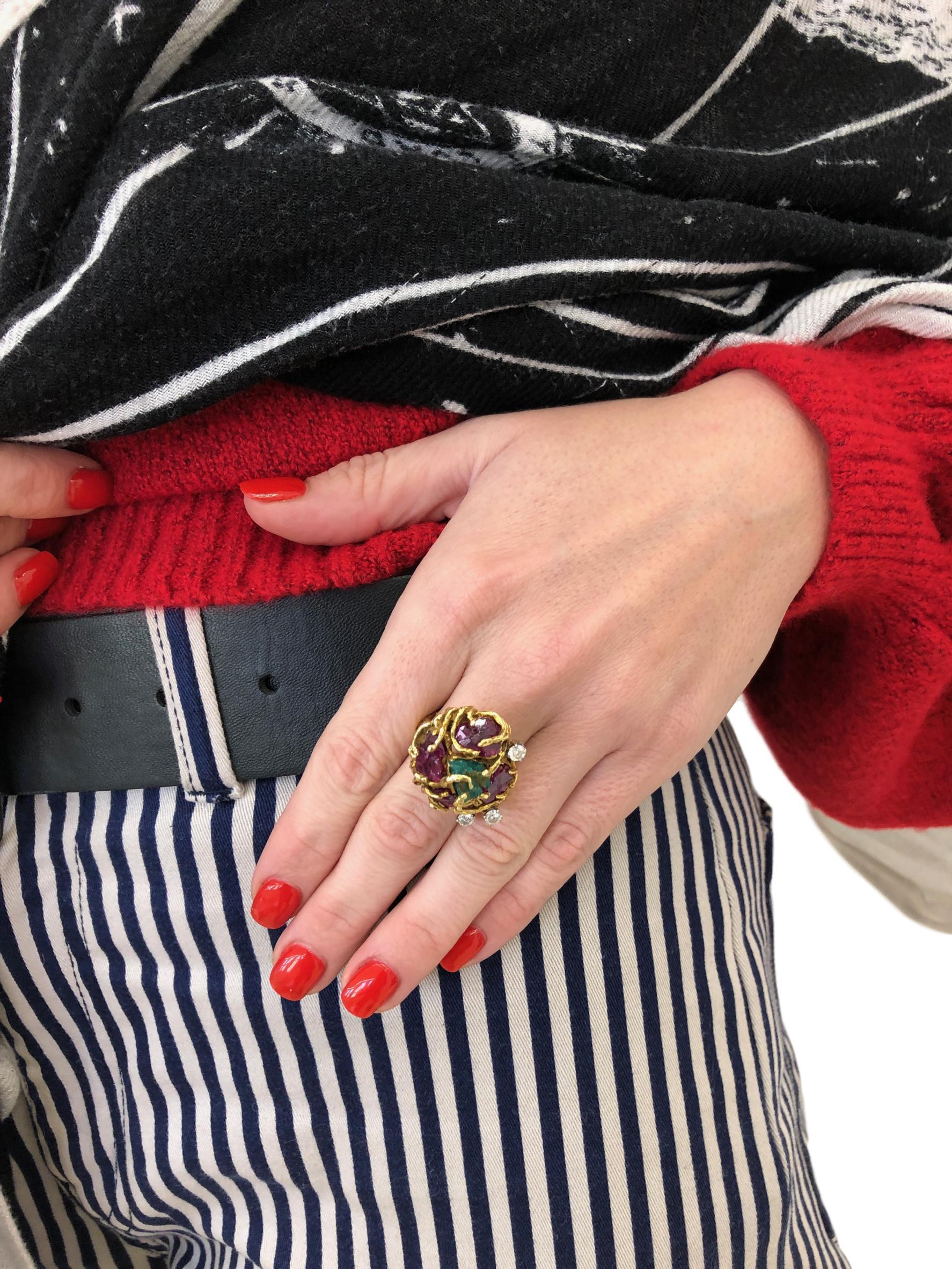 Modernist Rough-Cut Emerald and Ruby Nugget Statement Ring, 1970s For Sale