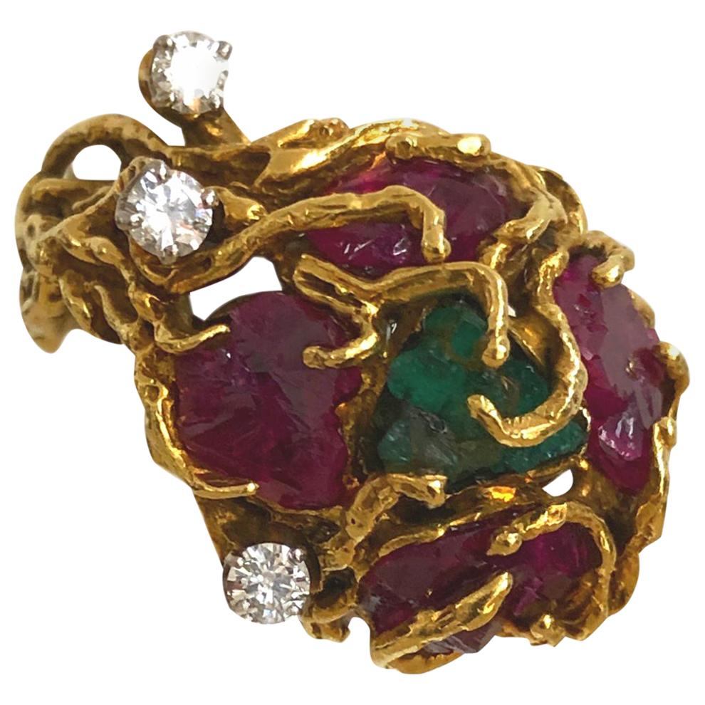 Rough-Cut Emerald and Ruby Nugget Statement Ring, 1970s